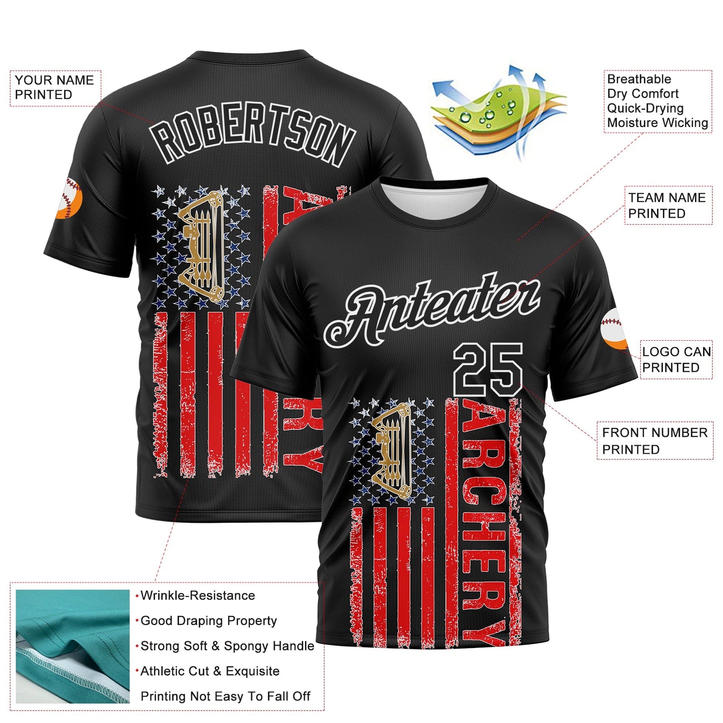 Custom Black Fire Red-White 3D Pattern Design Arrow Archery Bow Target American Flag Performance T-Shirt view 2