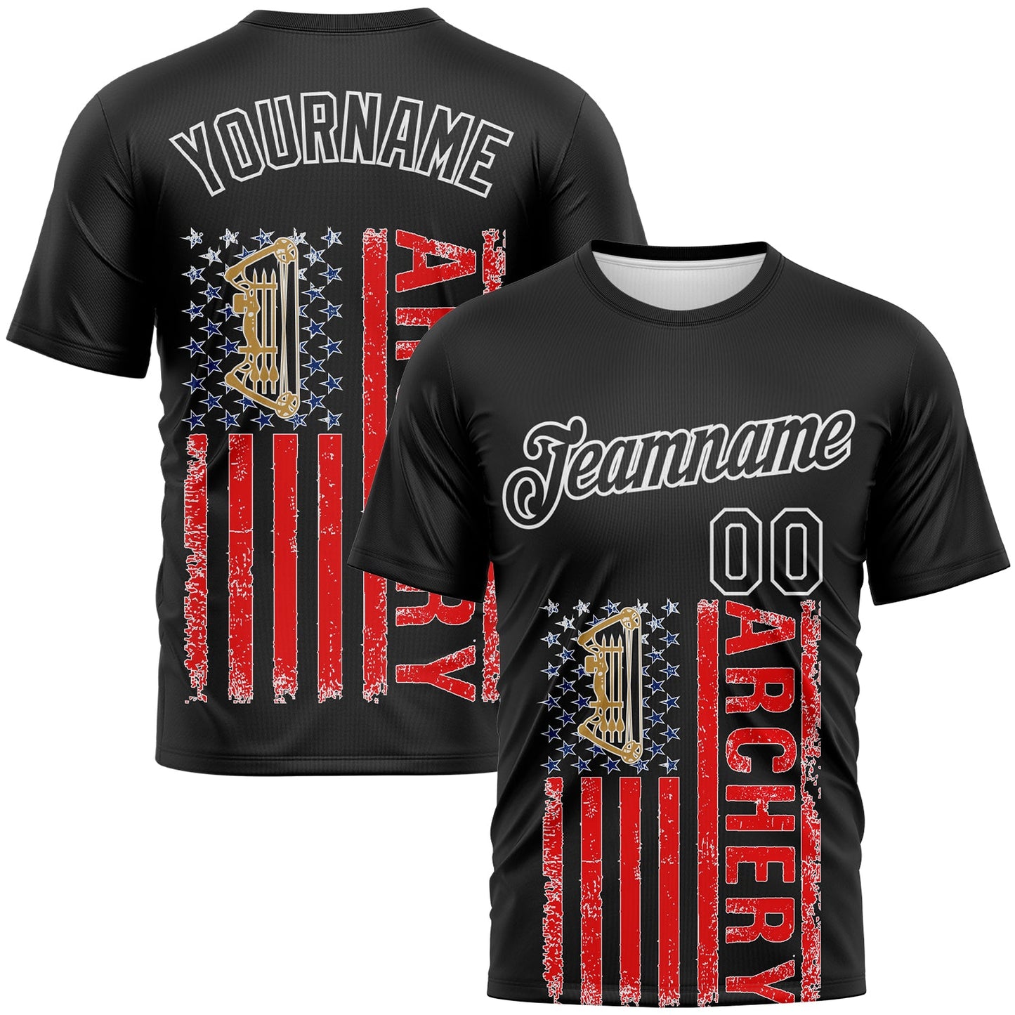 Custom Black Fire Red-White 3D Pattern Design Arrow Archery Bow Target American Flag Performance T-Shirt - Main View