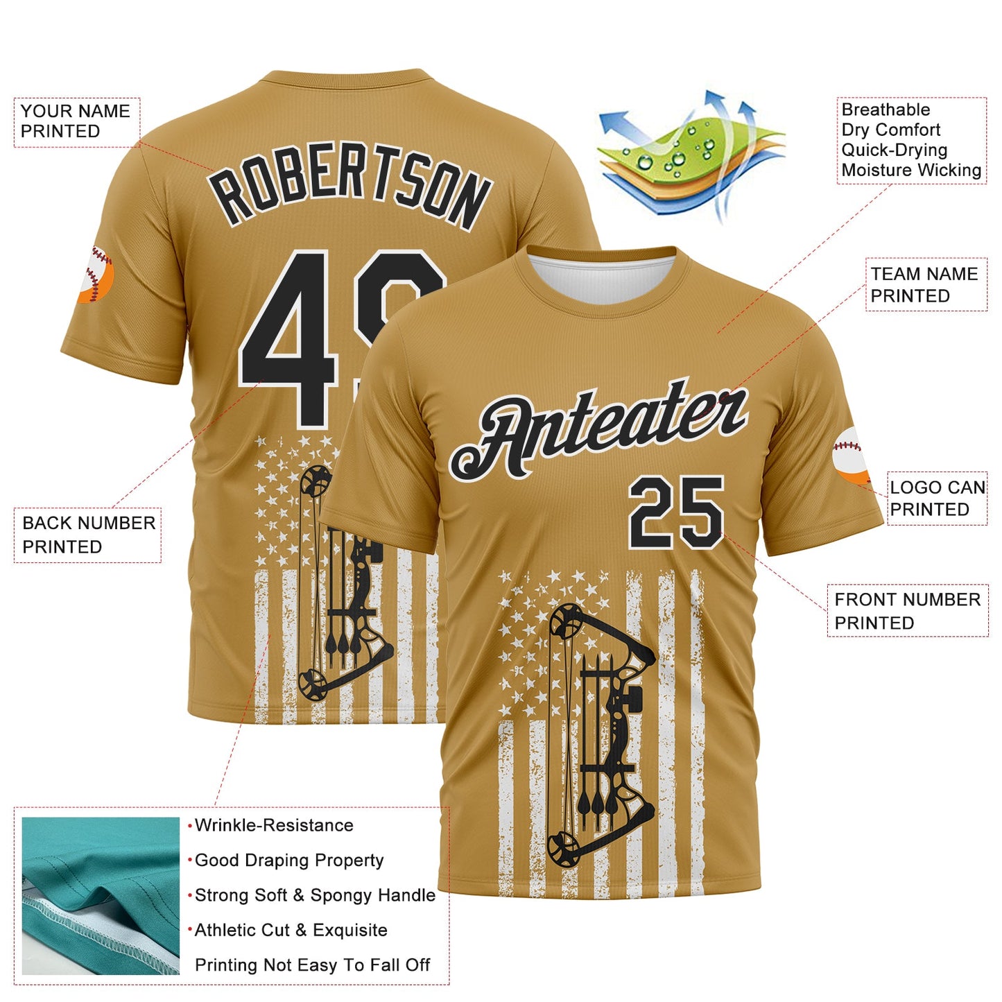 Custom Old Gold Black-White 3D Pattern Design Arrow Archery Bow Target American Flag Performance T-Shirt view 2
