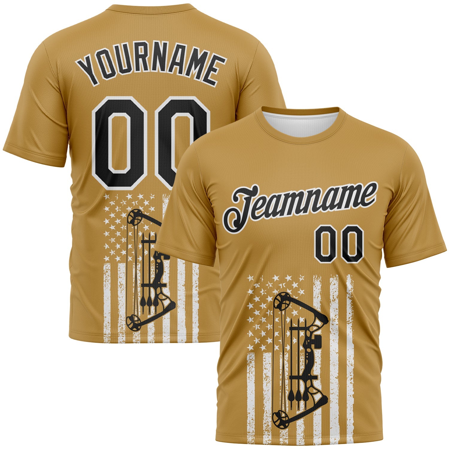 Custom Old Gold Black-White 3D Pattern Design Arrow Archery Bow Target American Flag Performance T-Shirt - Main View