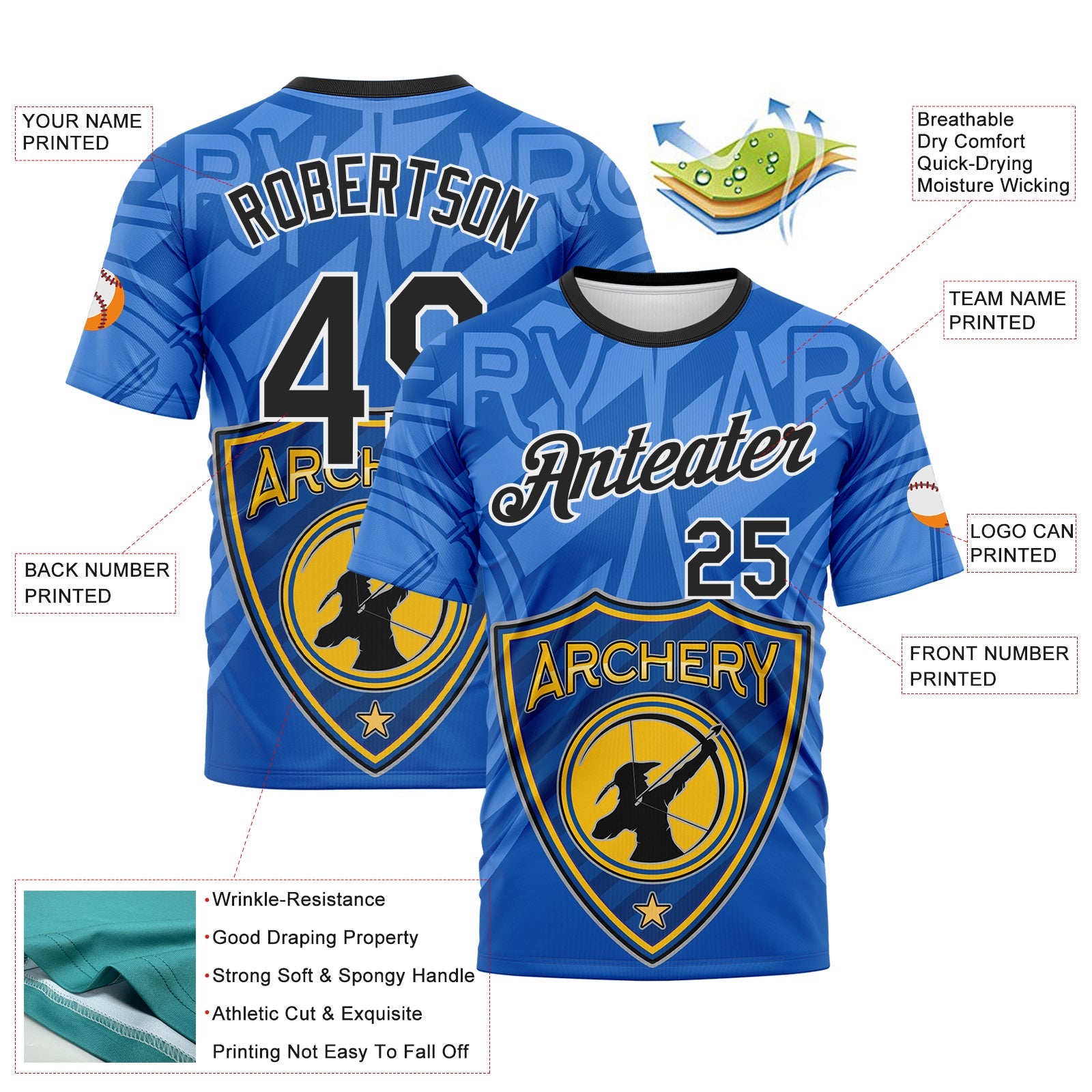Custom Thunder Blue Black-White 3D Pattern Design Arrow Archery Bow Target Performance T-Shirt view 2