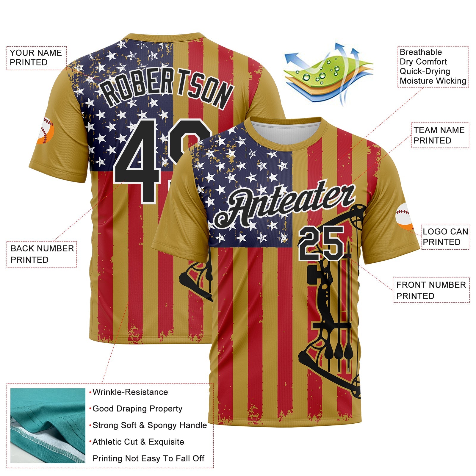 Custom Old Gold Black-White 3D Pattern Design Arrow Archery Bow Target American Flag Performance T-Shirt view 2