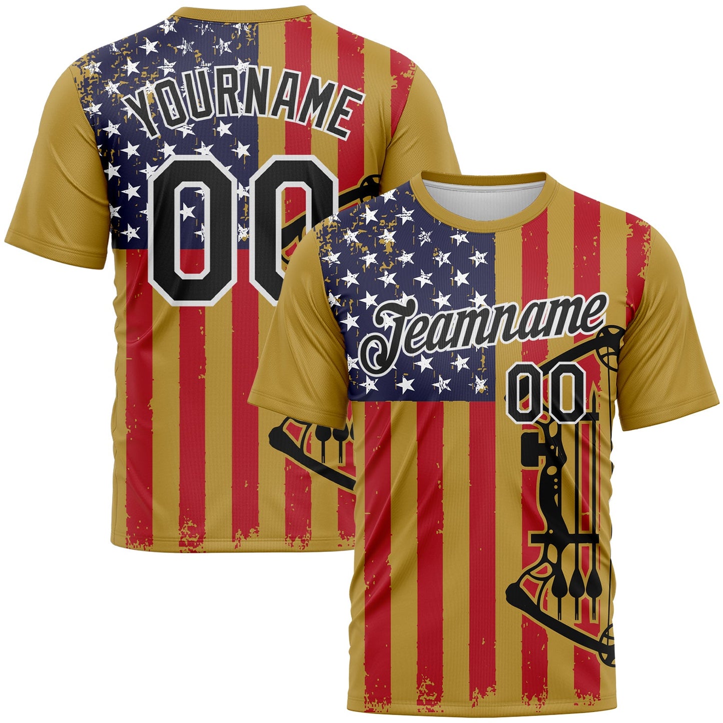 Custom Old Gold Black-White 3D Pattern Design Arrow Archery Bow Target American Flag Performance T-Shirt - Main View