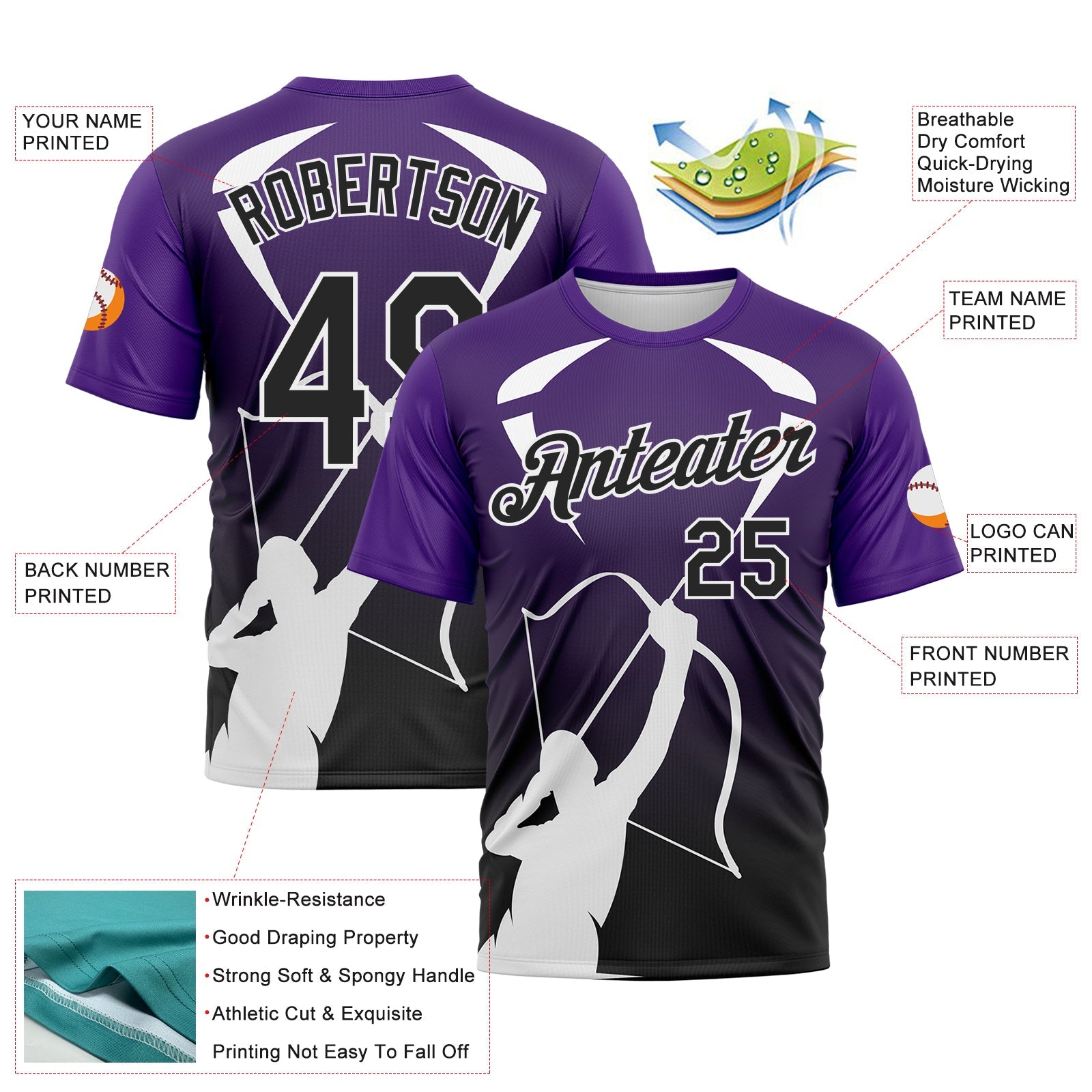 Custom Purple Black-White 3D Pattern Design Arrow Archery Bow Target Performance T-Shirt view 2