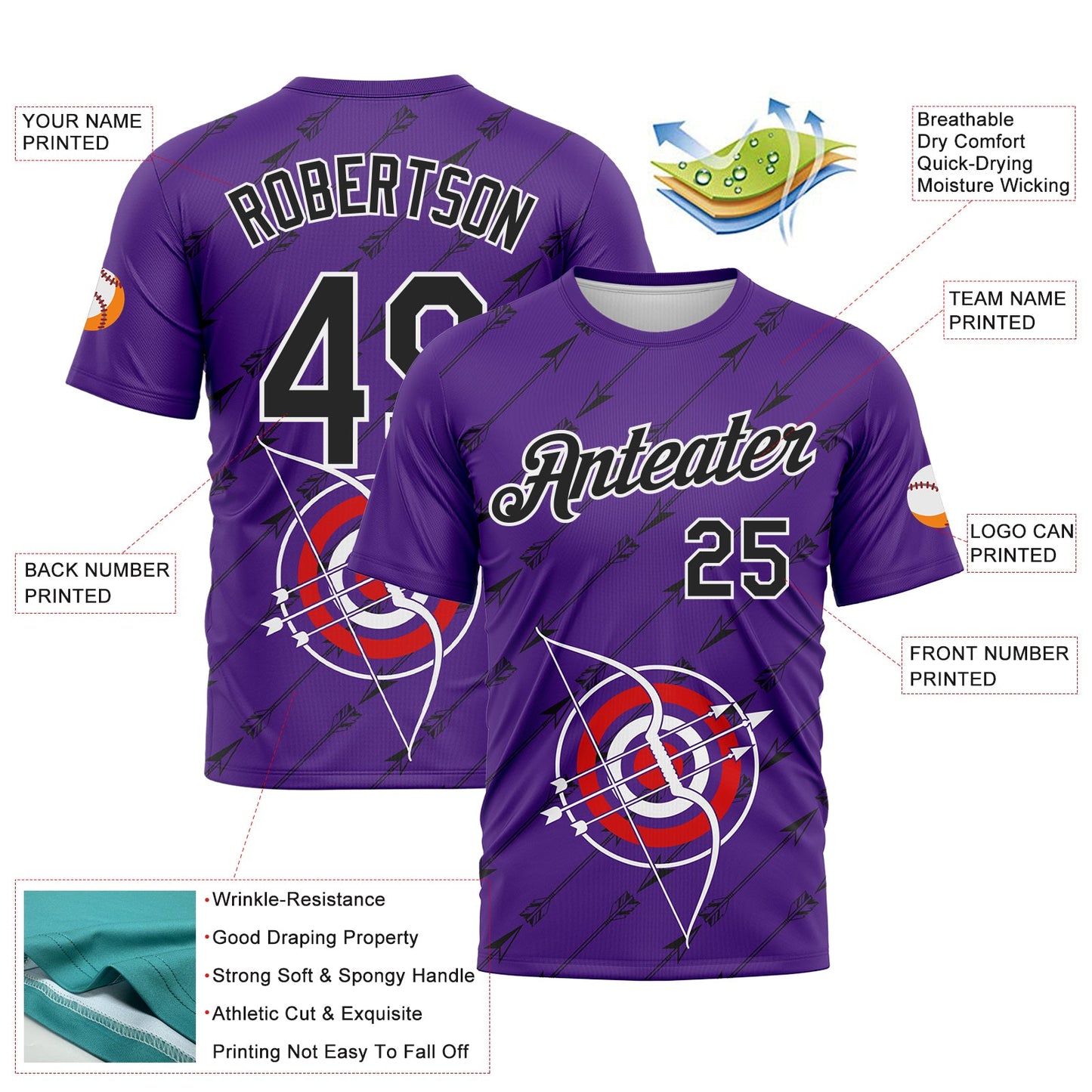 Custom Purple Black-White 3D Pattern Design Arrow Archery Bow Target Performance T-Shirt view 2