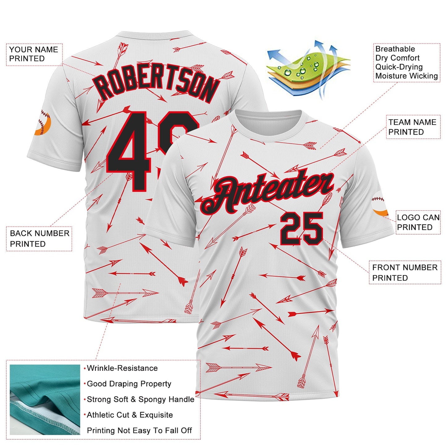 Custom White Black-Fire Red 3D Pattern Design Arrow Archery Bow Target Performance T-Shirt view 2