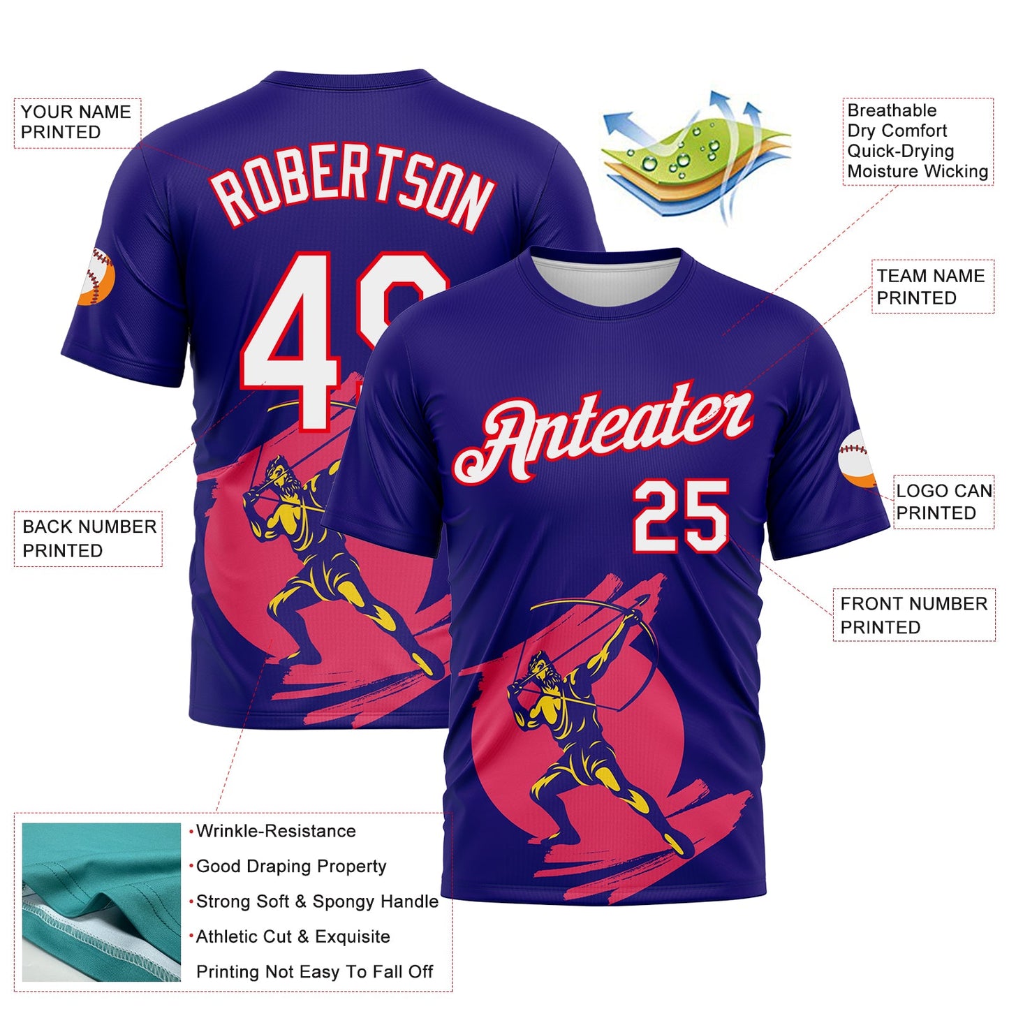 Custom Dark Purple White-Fire Red 3D Pattern Design Arrow Archery Bow Target Performance T-Shirt view 2