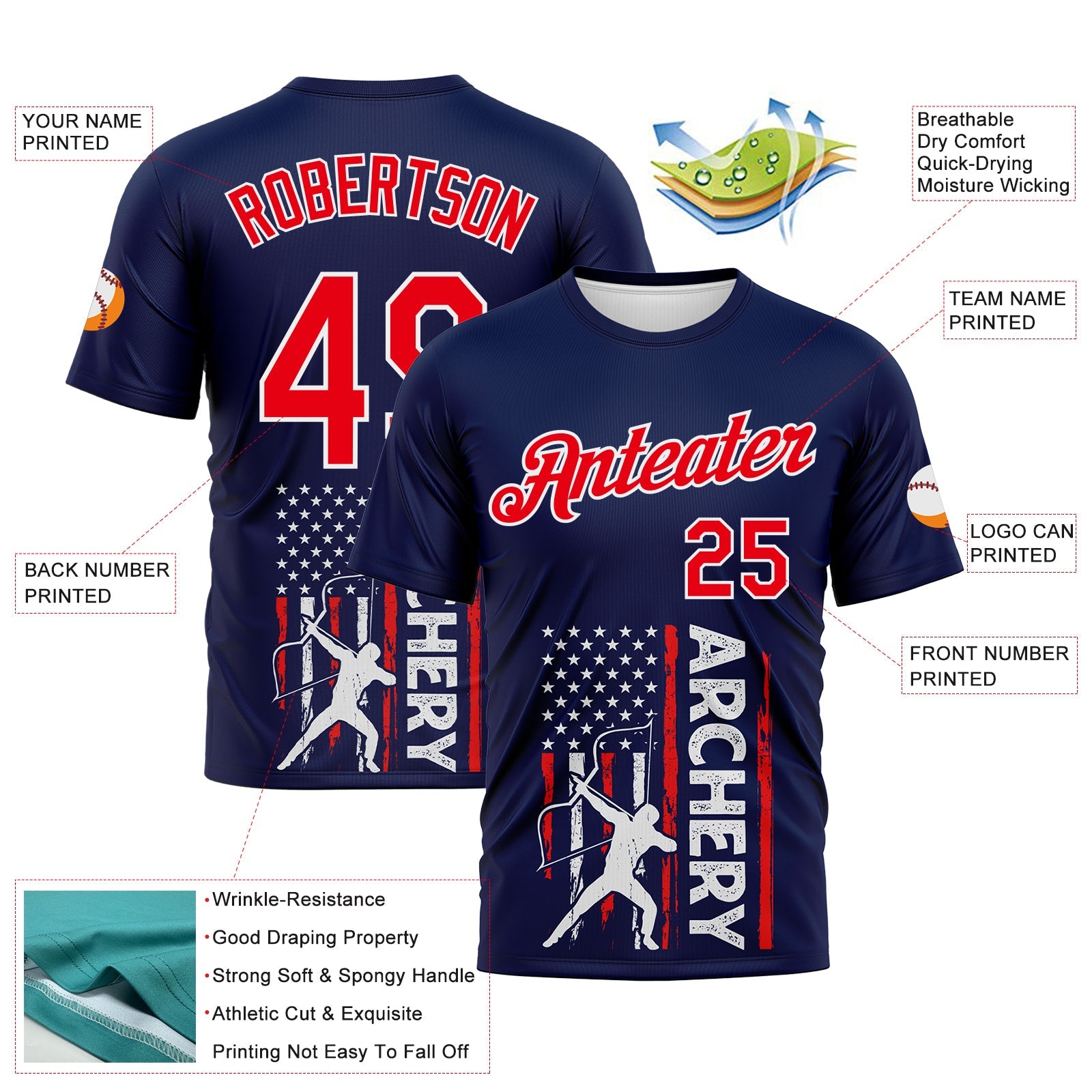 Custom Navy Fire Red-White 3D Pattern Design Arrow Archery Bow Target American Flag Performance T-Shirt view 2