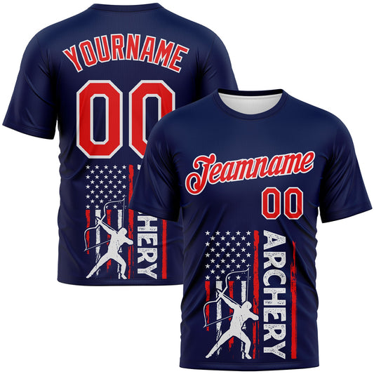 Custom Navy Fire Red-White 3D Pattern Design Arrow Archery Bow Target American Flag Performance T-Shirt - Main View