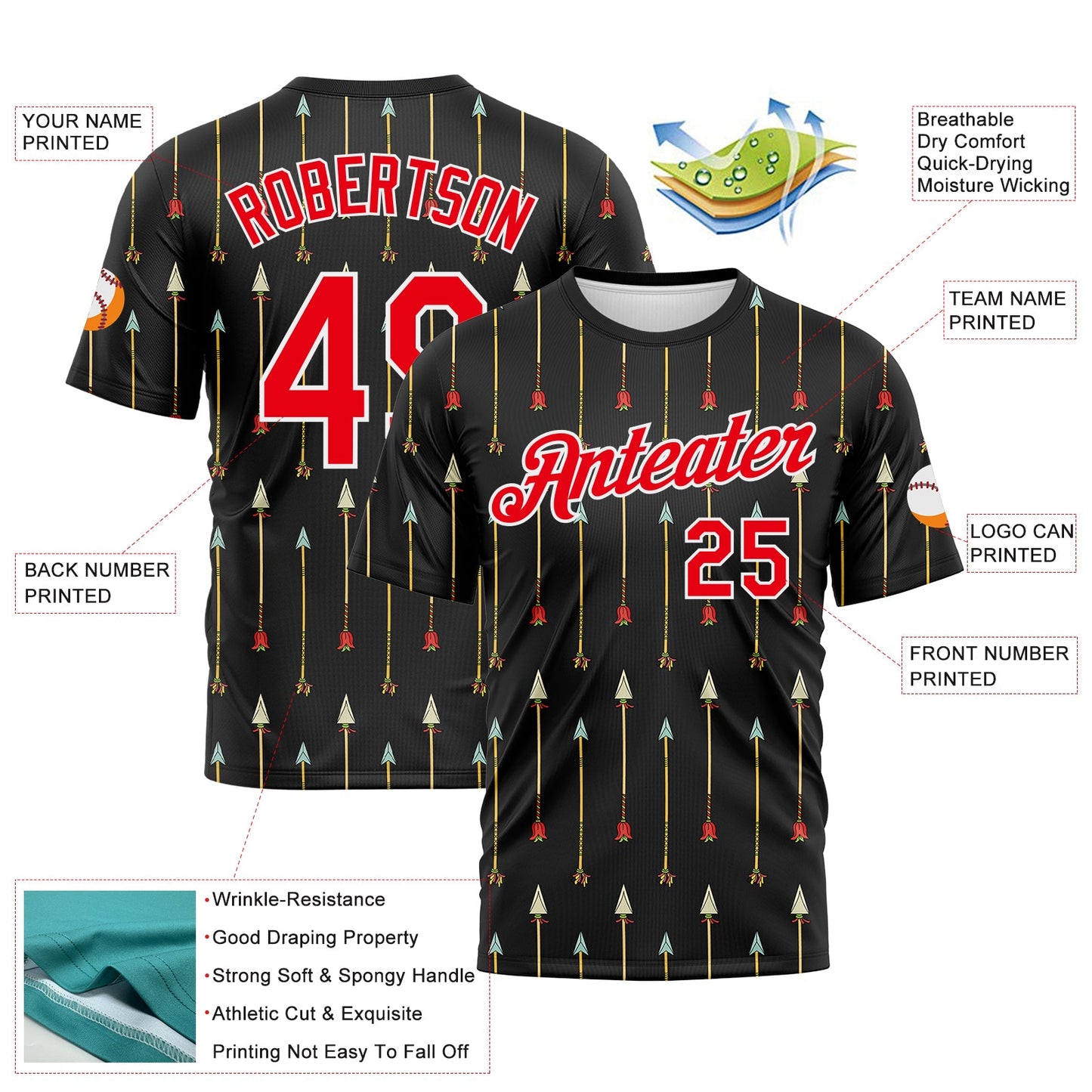 Custom Black Fire Red-White 3D Pattern Design Arrow Archery Bow Target Performance T-Shirt view 2