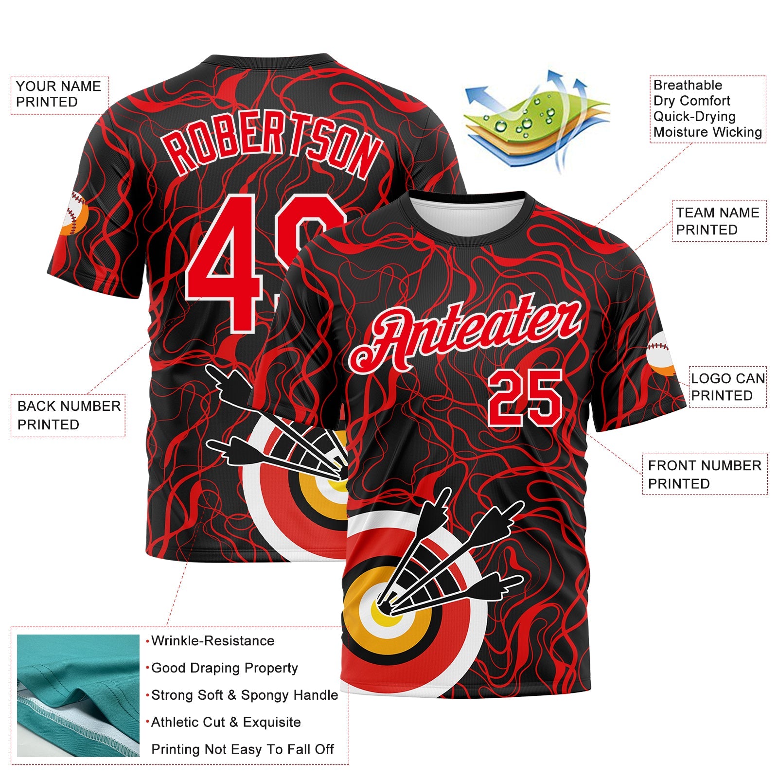Custom Black Fire Red-White 3D Pattern Design Arrow Archery Bow Target Performance T-Shirt view 2