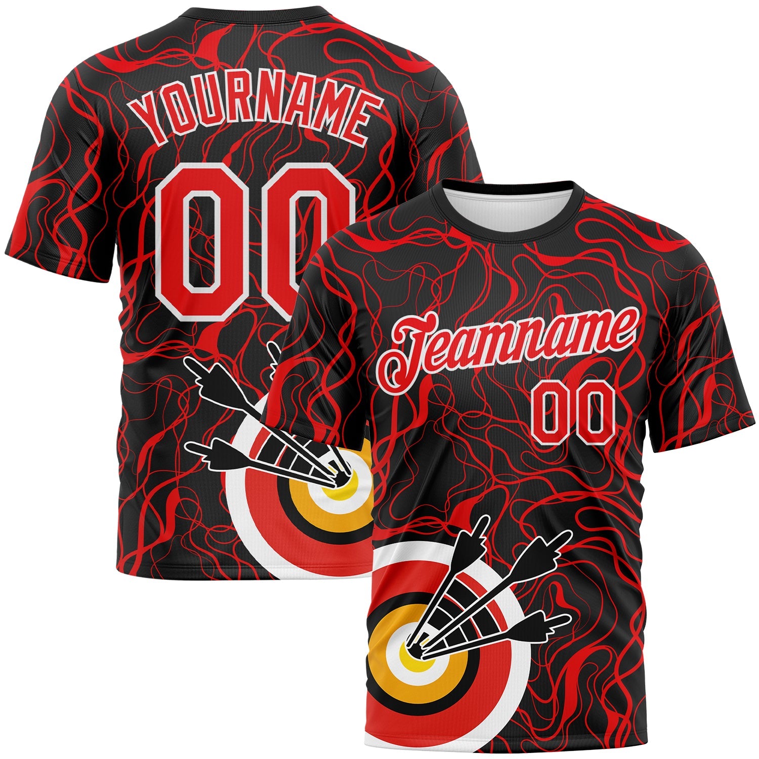 Custom Black Fire Red-White 3D Pattern Design Arrow Archery Bow Target Performance T-Shirt - Main View