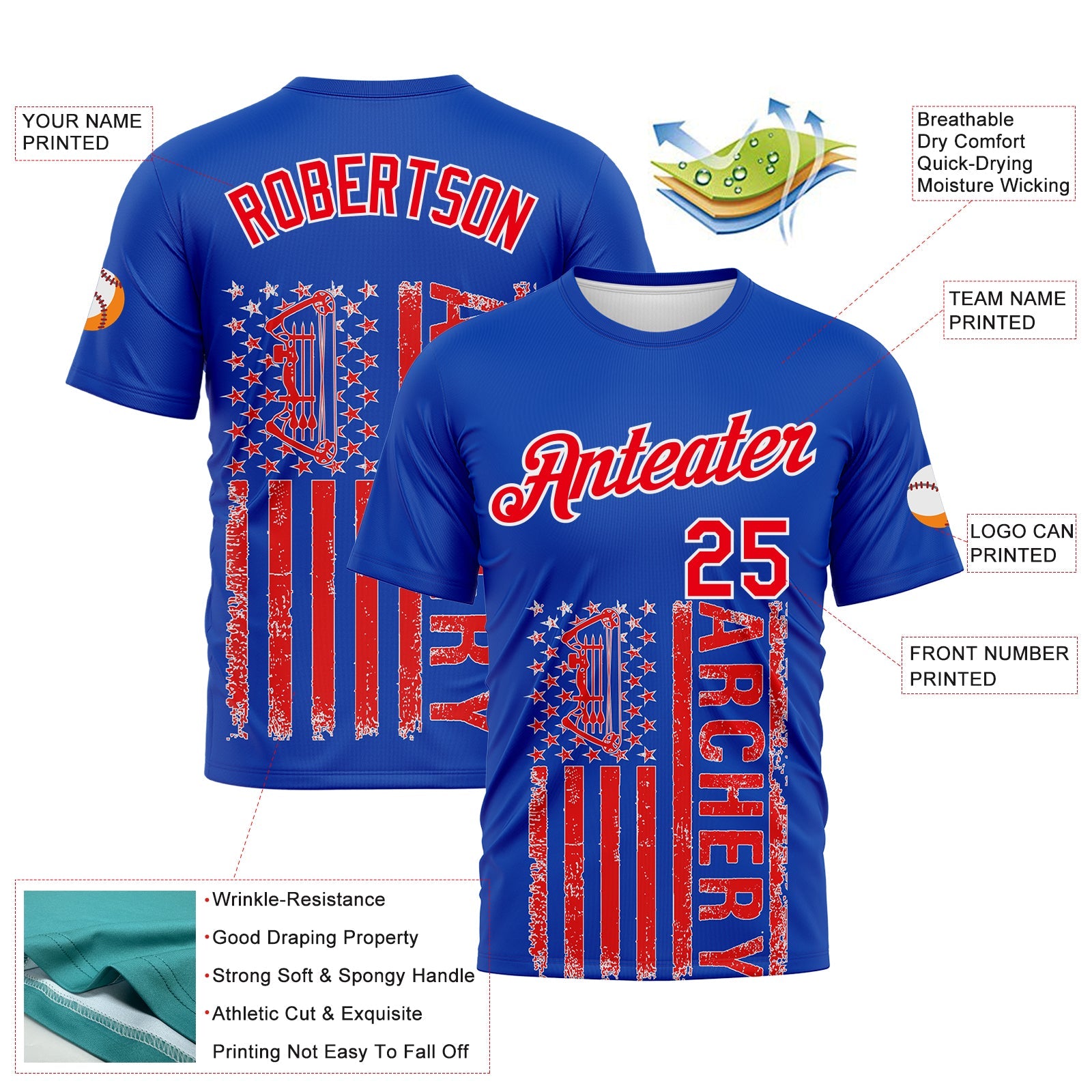 Custom Thunder Blue Fire Red-White 3D Pattern Design Arrow Archery Bow Target American Flag Performance T-Shirt view 2