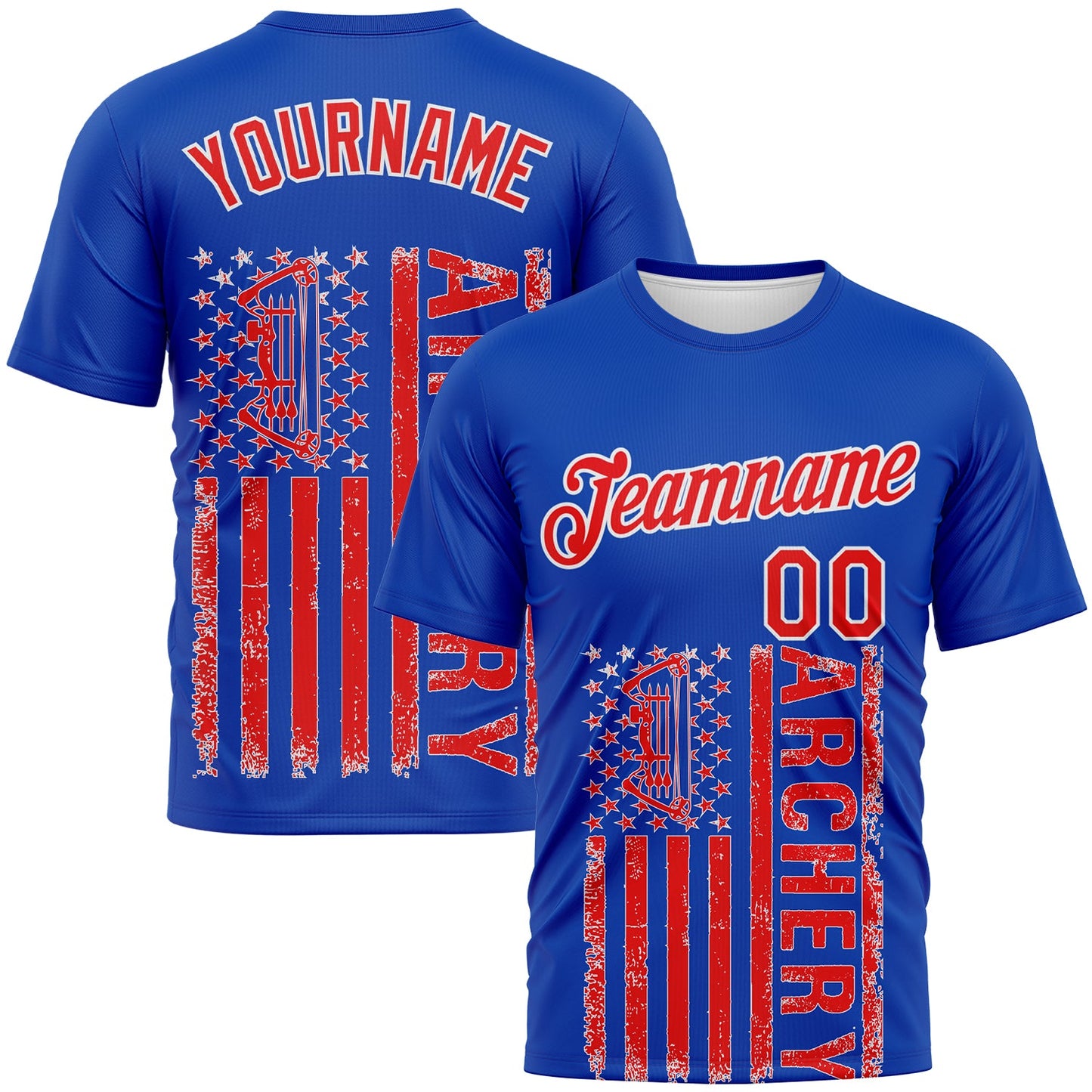 Custom Thunder Blue Fire Red-White 3D Pattern Design Arrow Archery Bow Target American Flag Performance T-Shirt - Main View