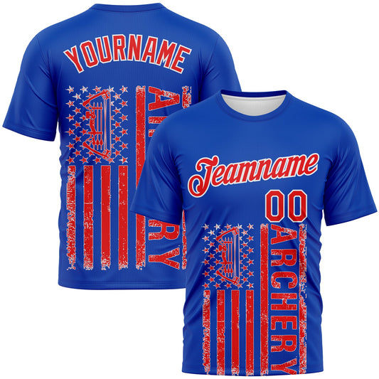 Custom Thunder Blue Fire Red-White 3D Pattern Design Arrow Archery Bow Target American Flag Performance T-Shirt - Main View