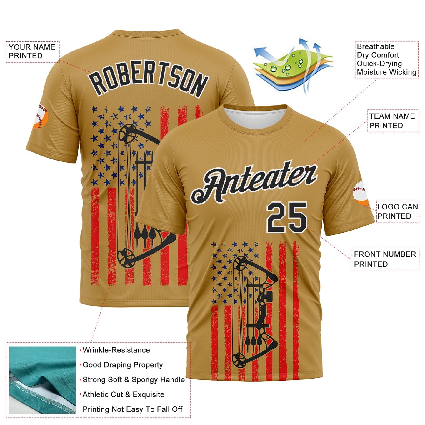 Custom Old Gold Black Fire Red-White 3D Pattern Design Arrow Archery Bow Target American Flag Performance T-Shirt view 2