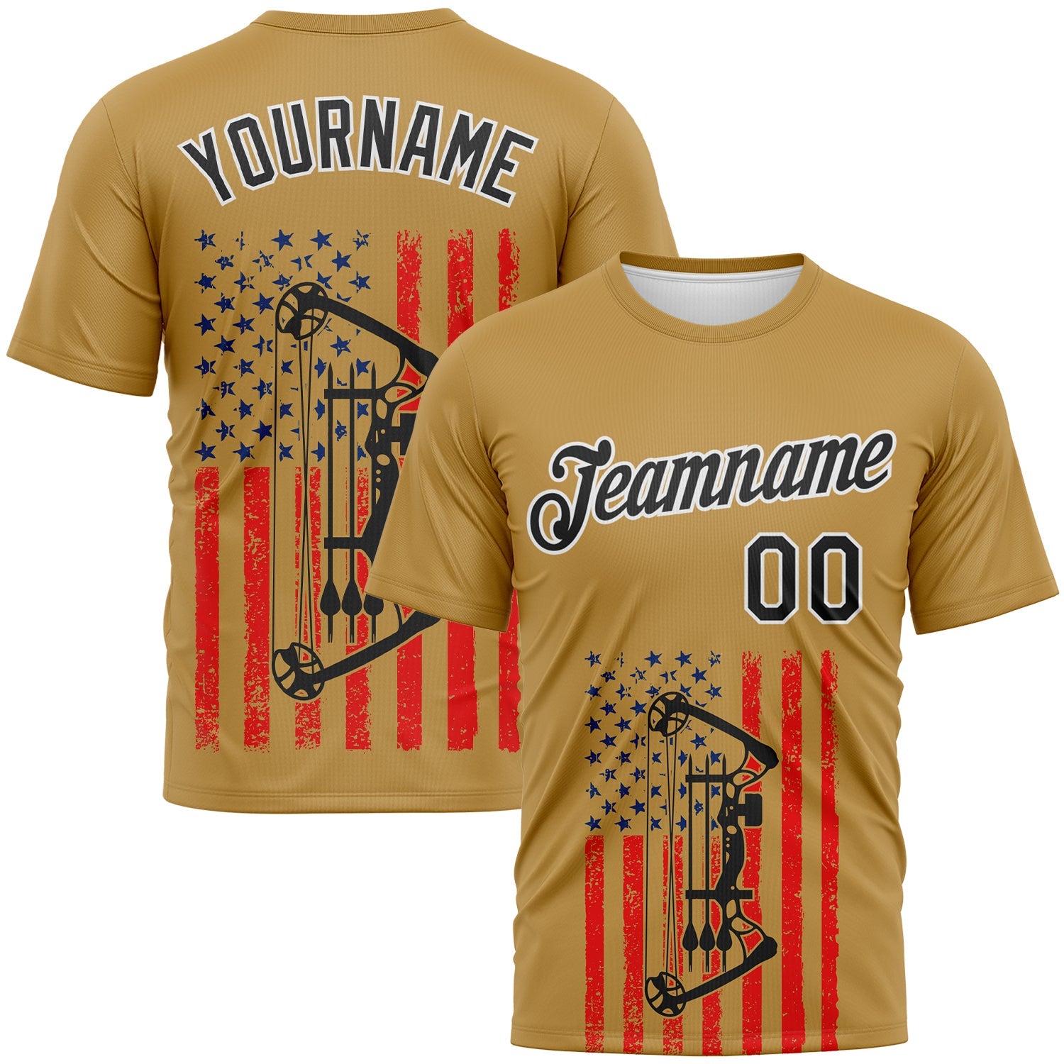 Custom Old Gold Black Fire Red-White 3D Pattern Design Arrow Archery Bow Target American Flag Performance T-Shirt - Main View