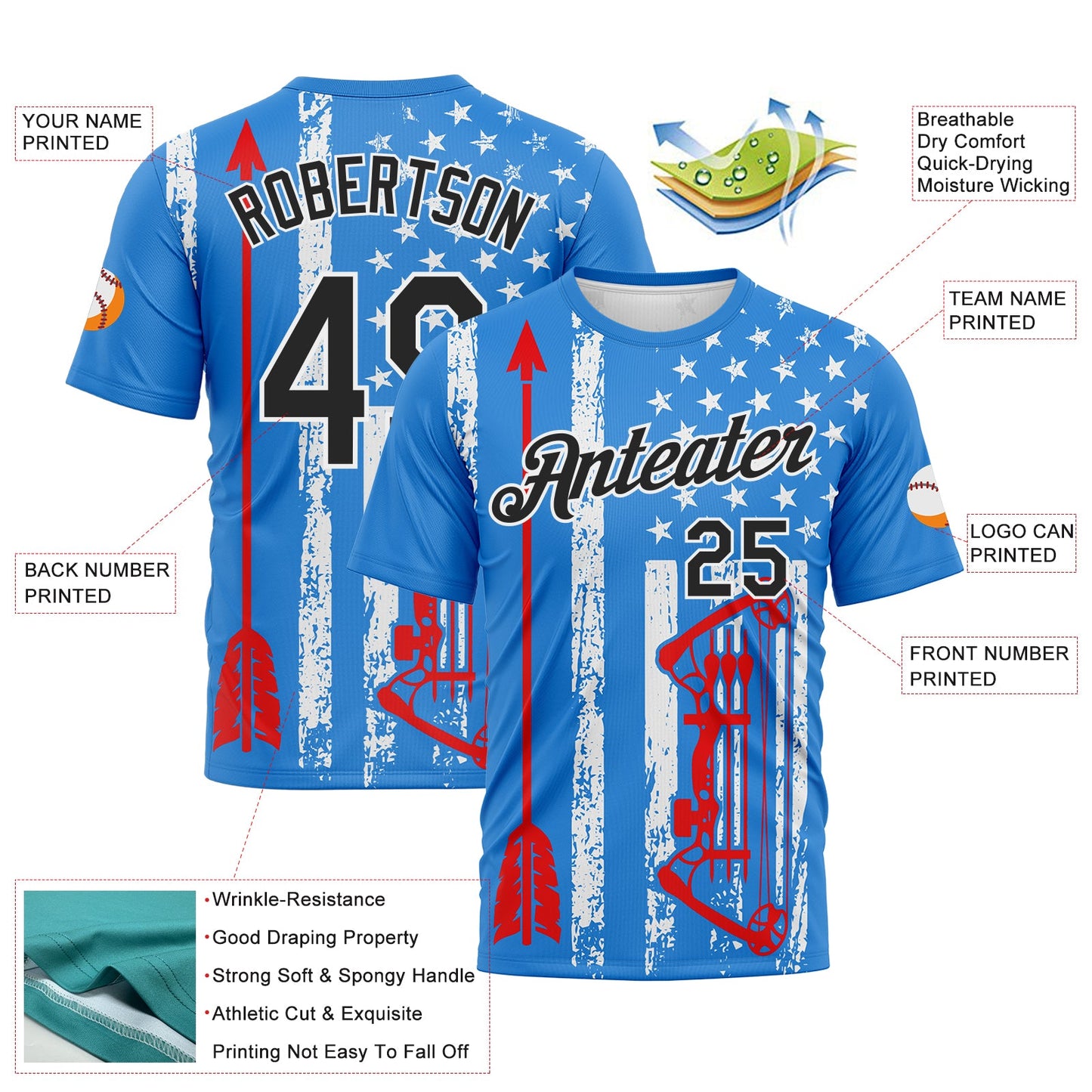 Custom Powder Blue Black Fire Red-White 3D Pattern Design Arrow Archery Bow Target American Flag Performance T-Shirt view 2