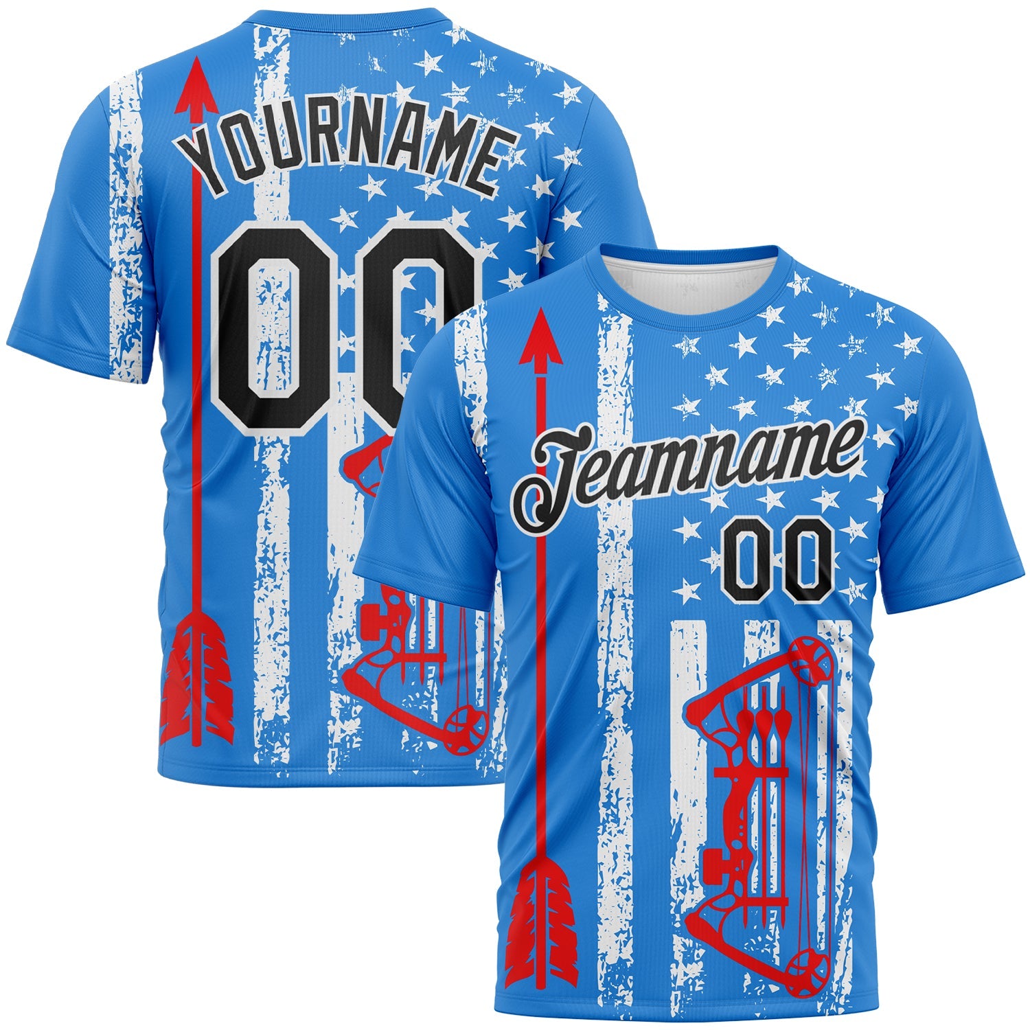 Custom Powder Blue Black Fire Red-White 3D Pattern Design Arrow Archery Bow Target American Flag Performance T-Shirt - Main View