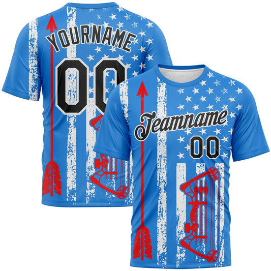 Custom Powder Blue Black Fire Red-White 3D Pattern Design Arrow Archery Bow Target American Flag Performance T-Shirt - Main View
