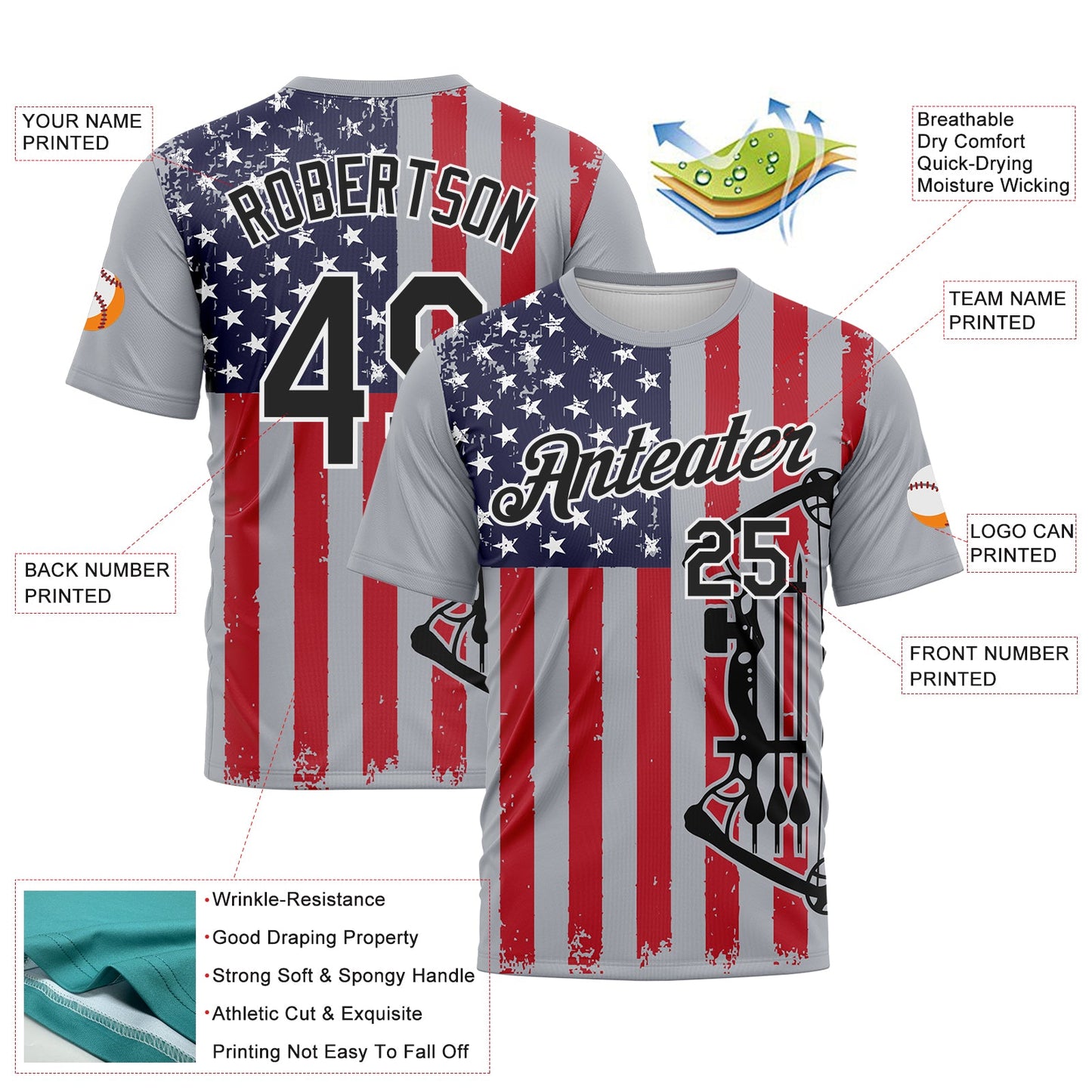 Custom Gray Black Fire Red-White 3D Pattern Design Arrow Archery Bow Target American Flag Performance T-Shirt view 2