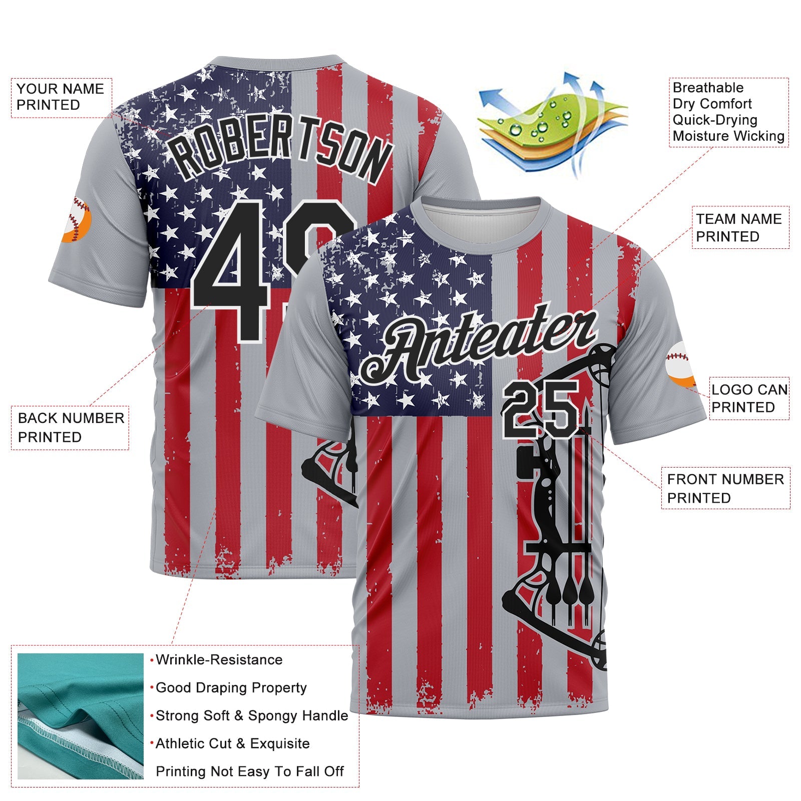 Custom Gray Black Fire Red-White 3D Pattern Design Arrow Archery Bow Target American Flag Performance T-Shirt view 2