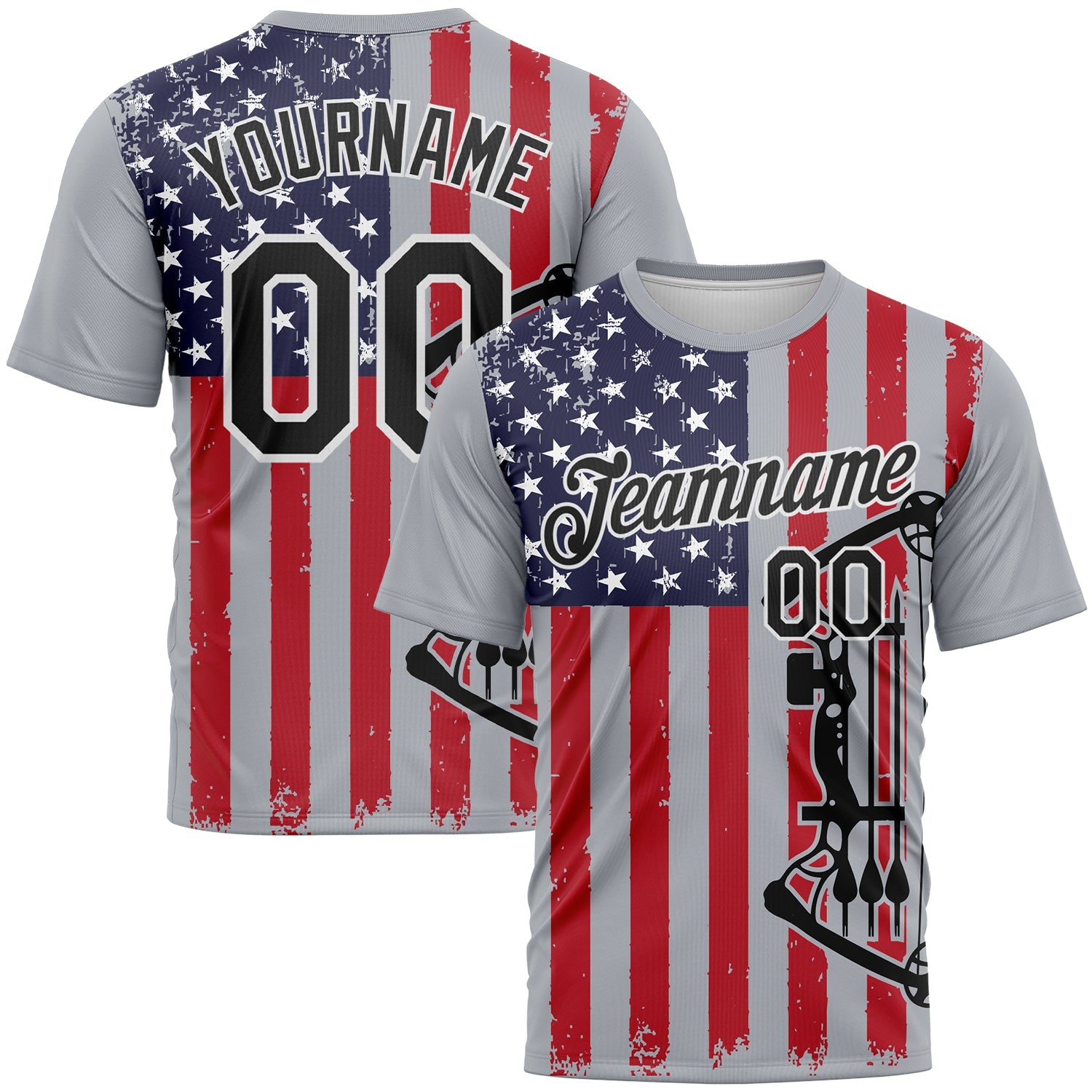 Custom Gray Black Fire Red-White 3D Pattern Design Arrow Archery Bow Target American Flag Performance T-Shirt - Main View