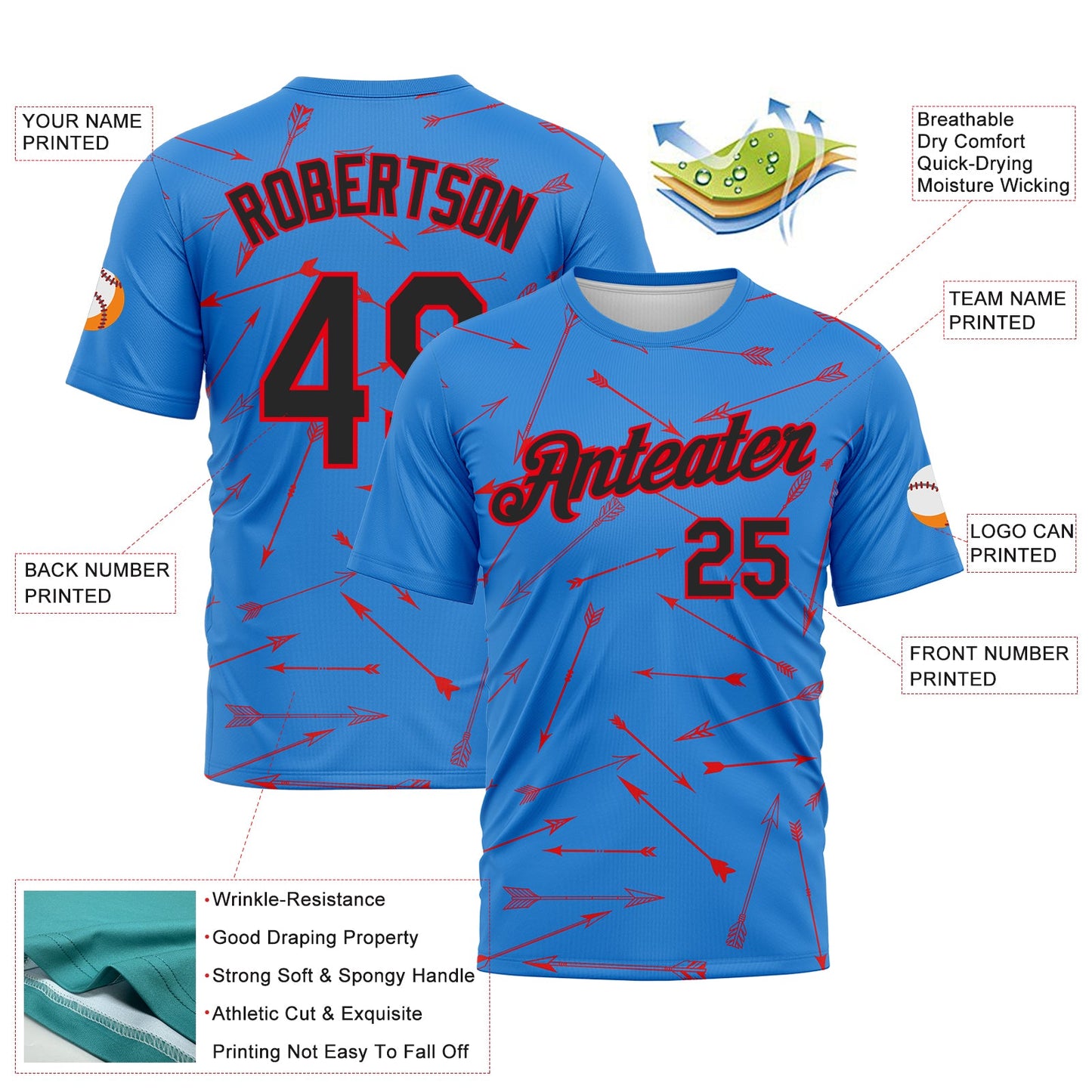 Custom Powder Blue Black-Fire Red 3D Pattern Design Arrow Archery Bow Target Performance T-Shirt view 2