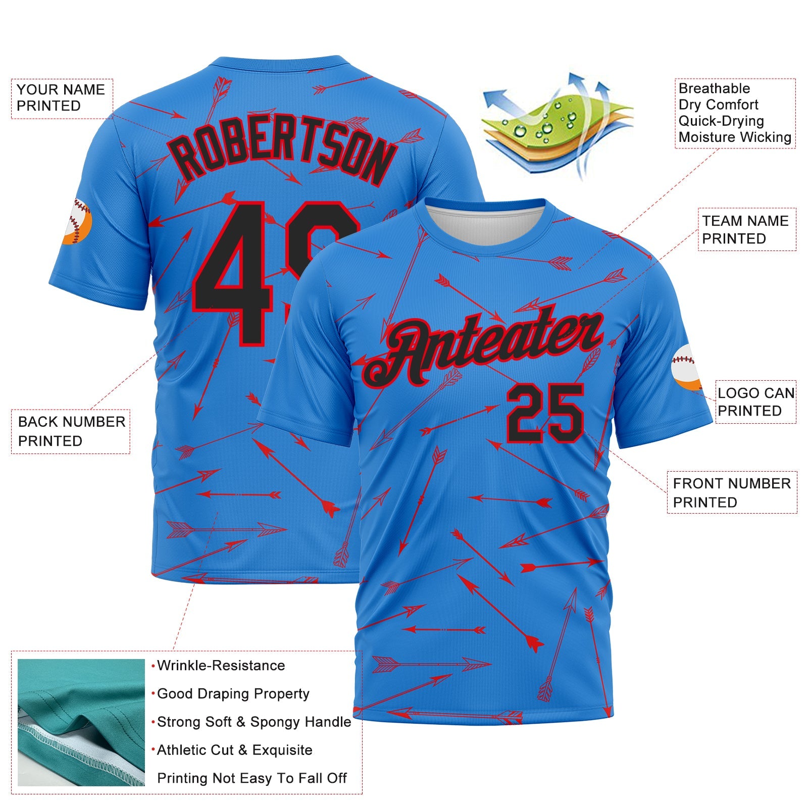 Custom Powder Blue Black-Fire Red 3D Pattern Design Arrow Archery Bow Target Performance T-Shirt view 2