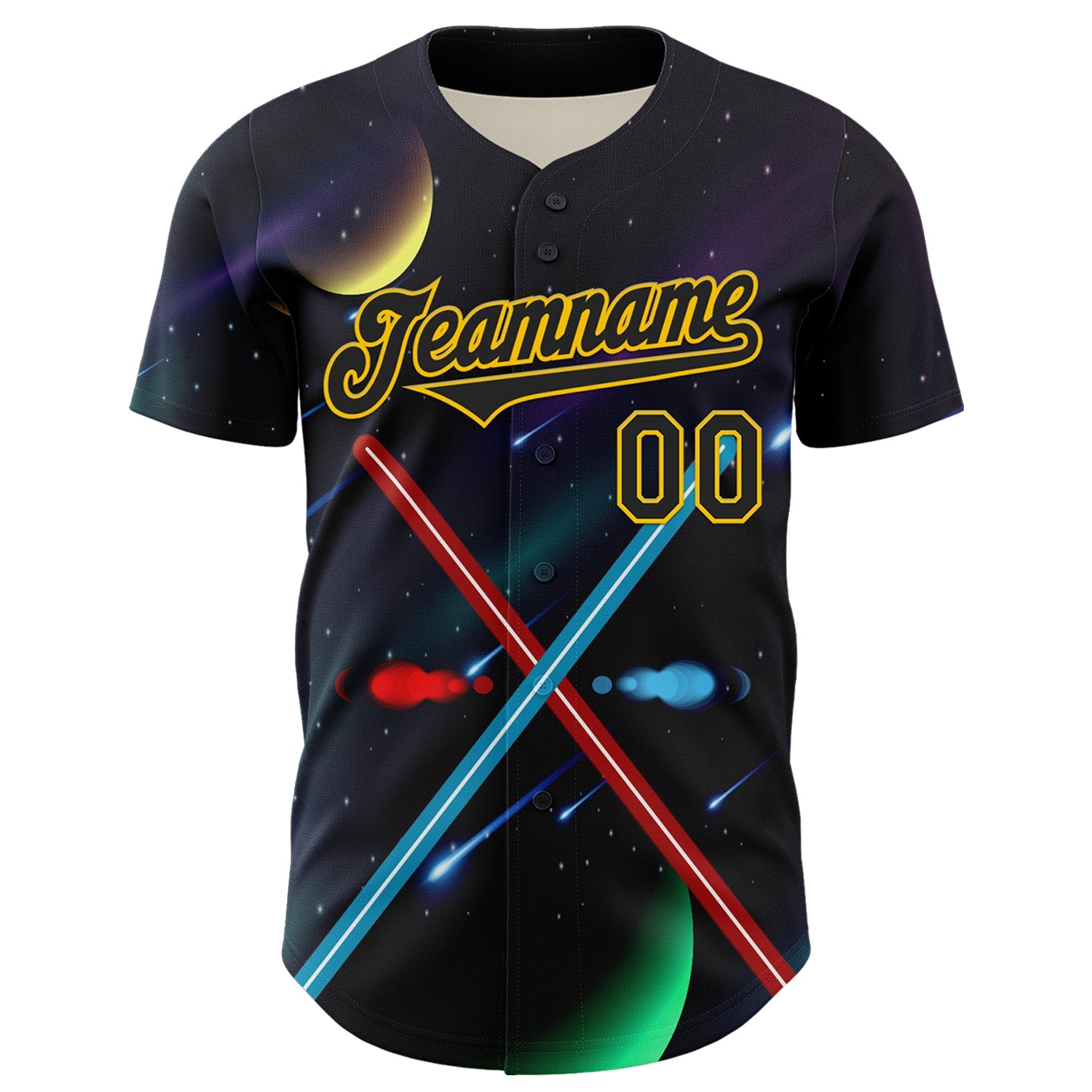 Custom Black Yellow 3D Pattern Design Outer Space Light Swords Authentic Baseball Jersey view 2