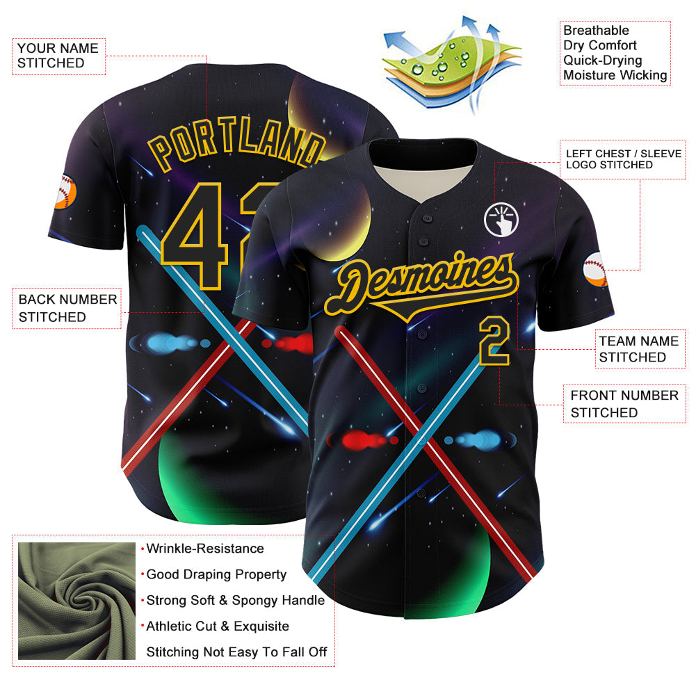 Custom Black Yellow 3D Pattern Design Outer Space Light Swords Authentic Baseball Jersey view 3