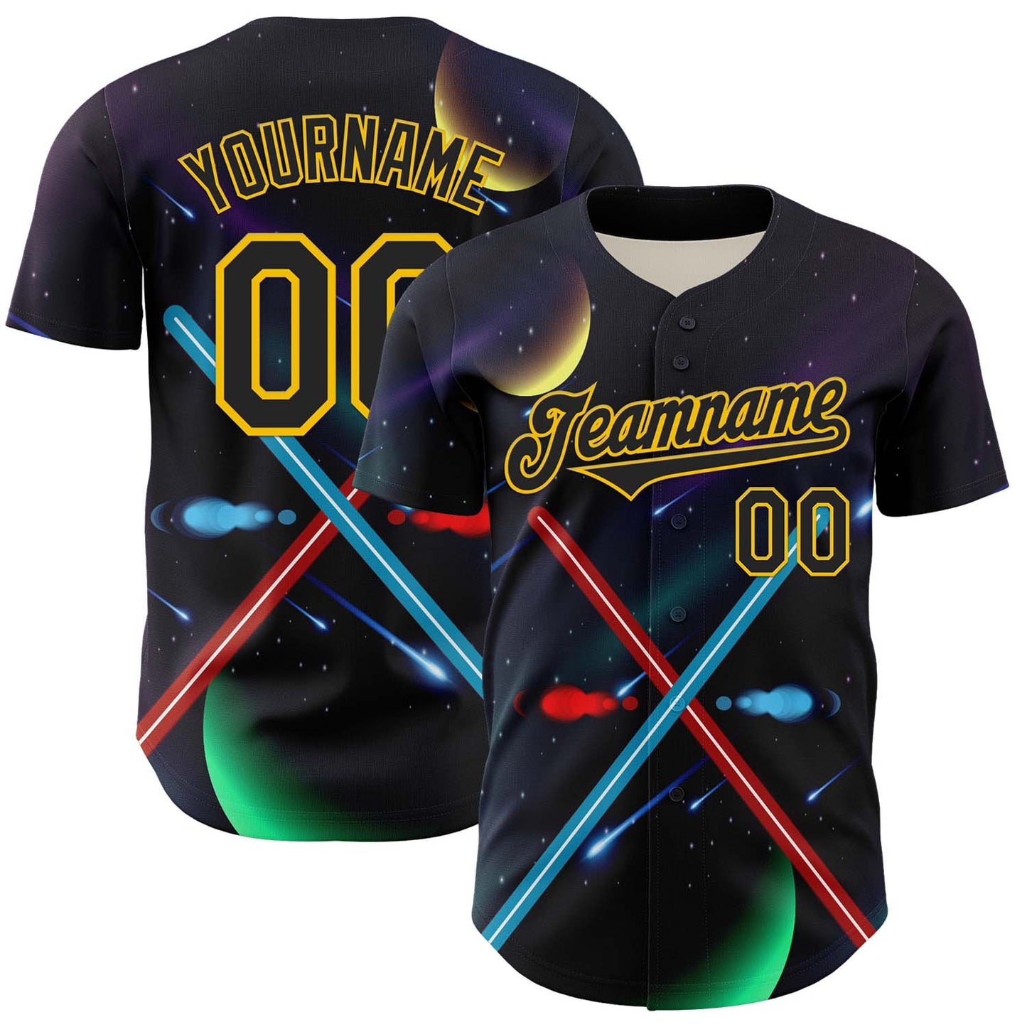 Custom Black Yellow 3D Pattern Design Outer Space Light Swords Authentic Baseball Jersey - Main View