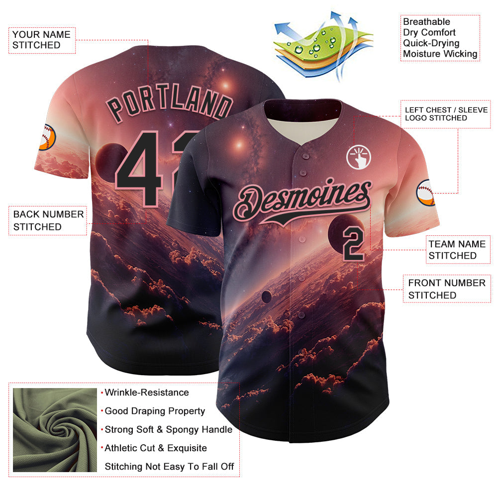 Custom Black Medium Pink 3D Pattern Design Outer Space Solar Authentic Baseball Jersey view 3