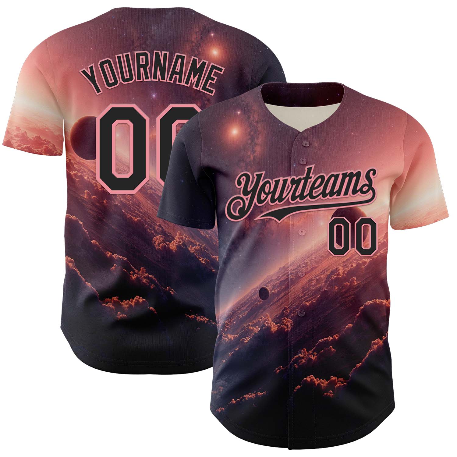 Custom Black Medium Pink 3D Pattern Design Outer Space Solar Authentic Baseball Jersey - Main View