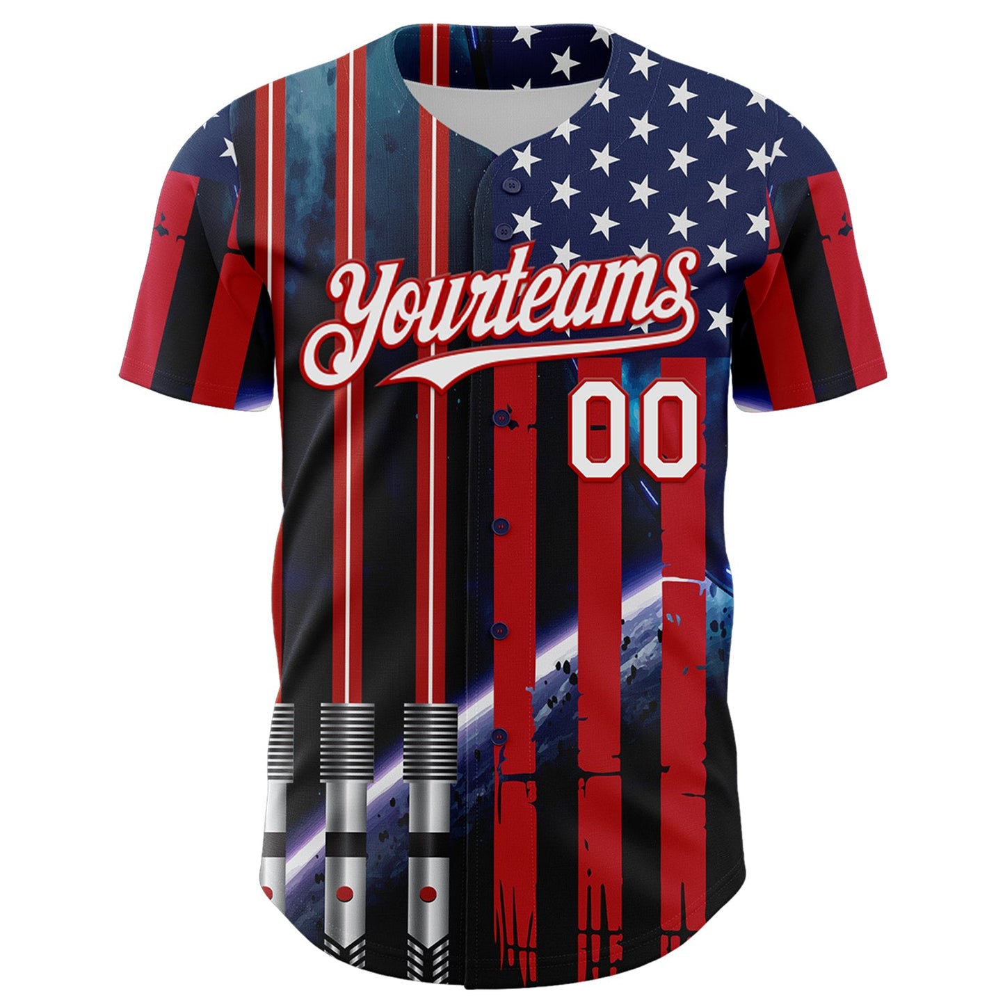 Custom Blue White-Red 3D Pattern Design American Flag Outer Space Light Swords Authentic Baseball Jersey view 2