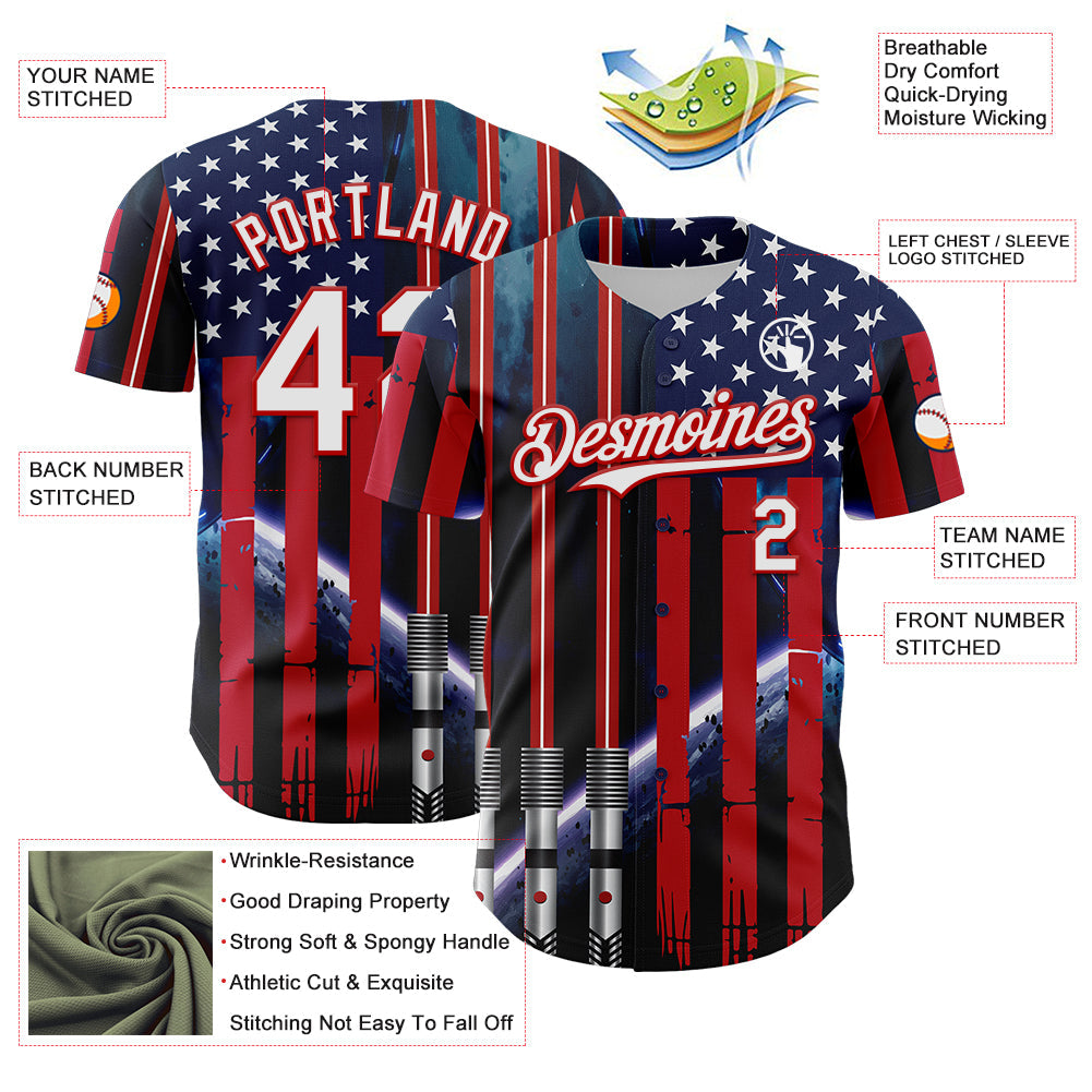Custom Blue White-Red 3D Pattern Design American Flag Outer Space Light Swords Authentic Baseball Jersey view 3