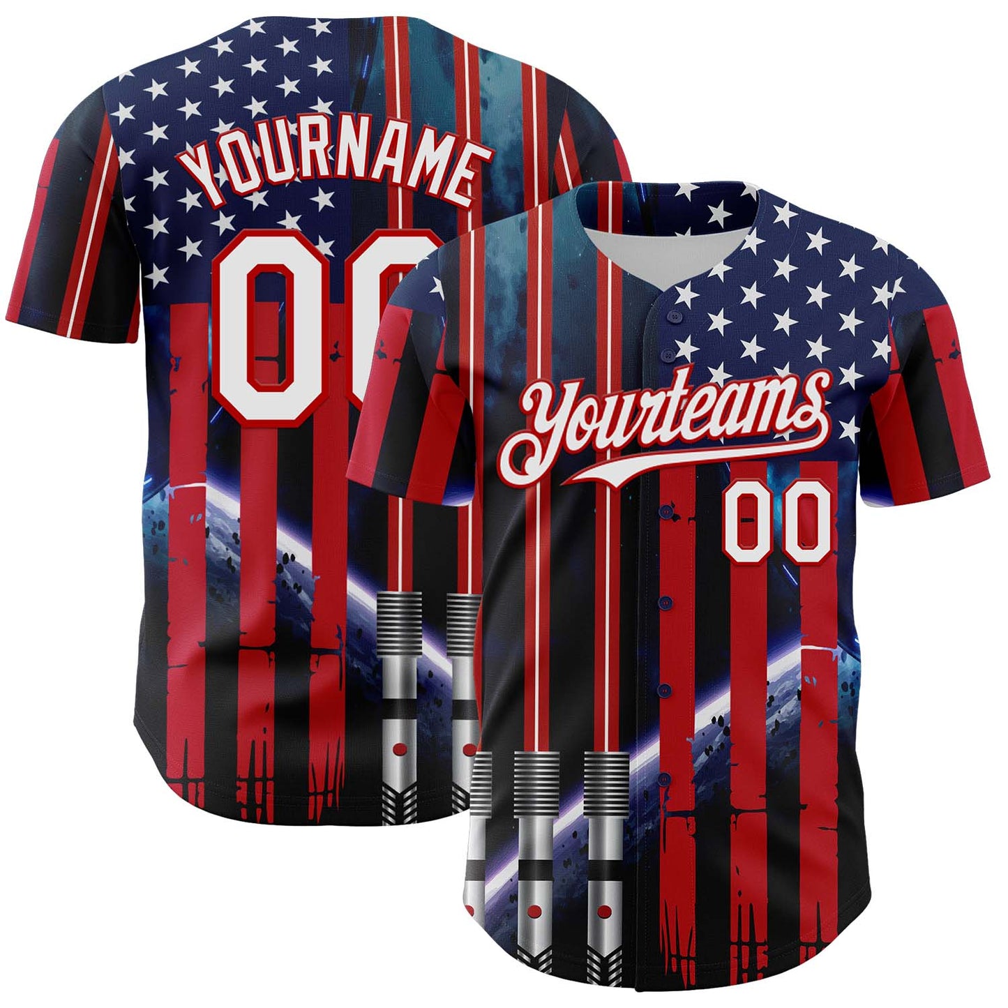 Custom Blue White-Red 3D Pattern Design American Flag Outer Space Light Swords Authentic Baseball Jersey - Main View