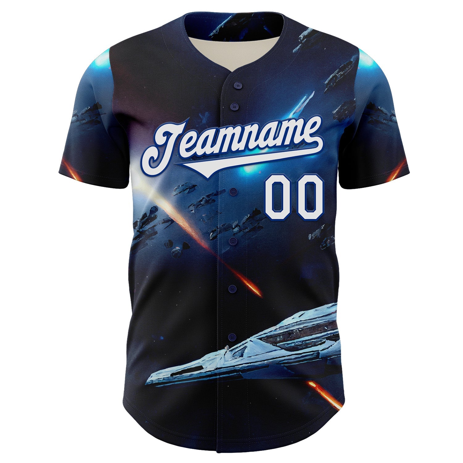 Custom Blue White-Royal 3D Pattern Design Outer Space Starships Authentic Baseball Jersey view 2