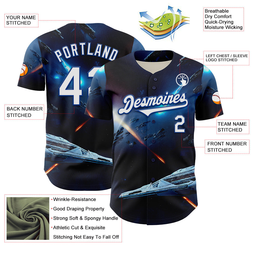 Custom Blue White-Royal 3D Pattern Design Outer Space Starships Authentic Baseball Jersey view 3