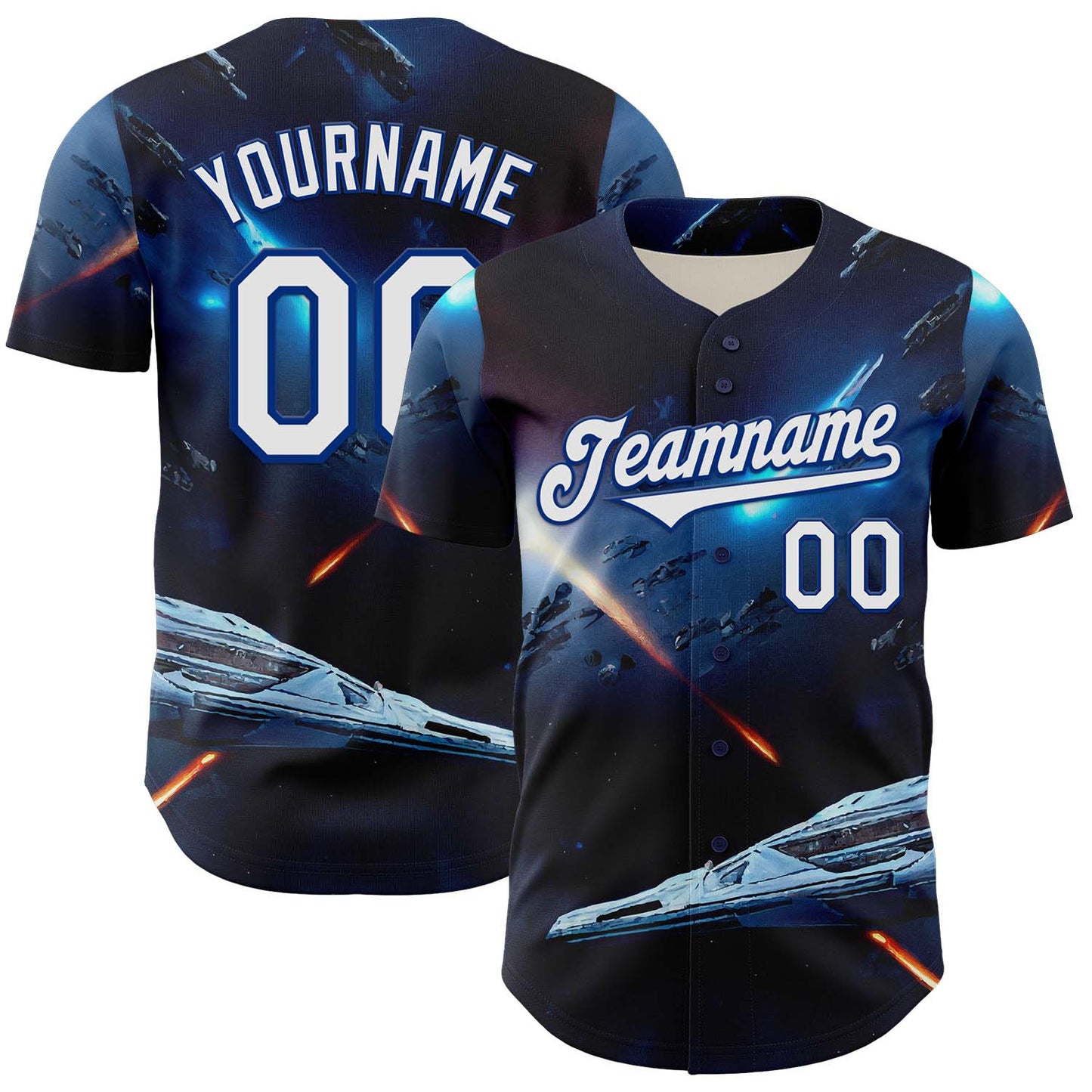 Custom Blue White-Royal 3D Pattern Design Outer Space Starships Authentic Baseball Jersey - Main View