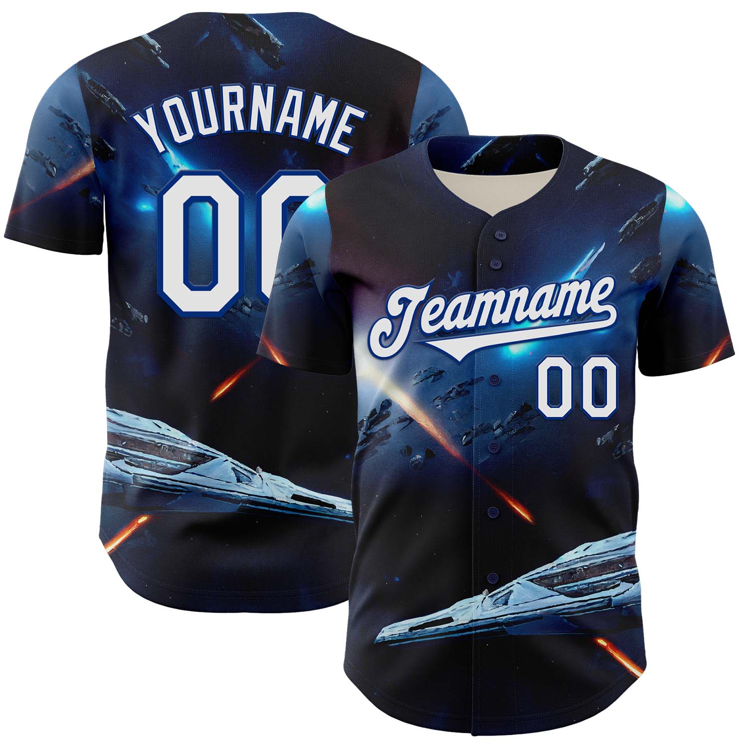 Custom Blue White-Royal 3D Pattern Design Outer Space Starships Authentic Baseball Jersey - Main View
