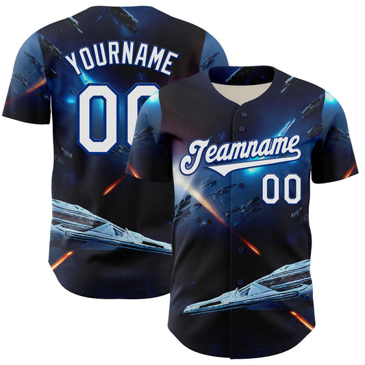 Custom Blue White-Royal 3D Pattern Design Outer Space Starships Authentic Baseball Jersey - Main View