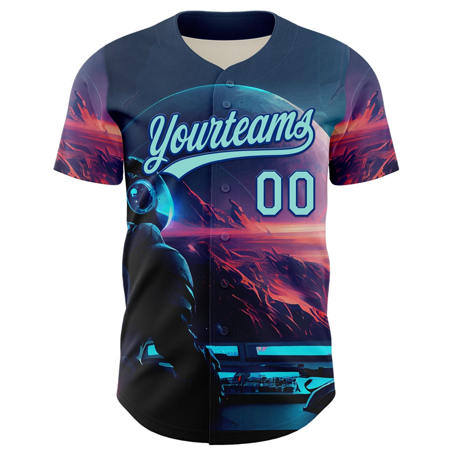 Custom Blue Ice Blue-Royal 3D Pattern Design Outer Space Starships Authentic Baseball Jersey view 2