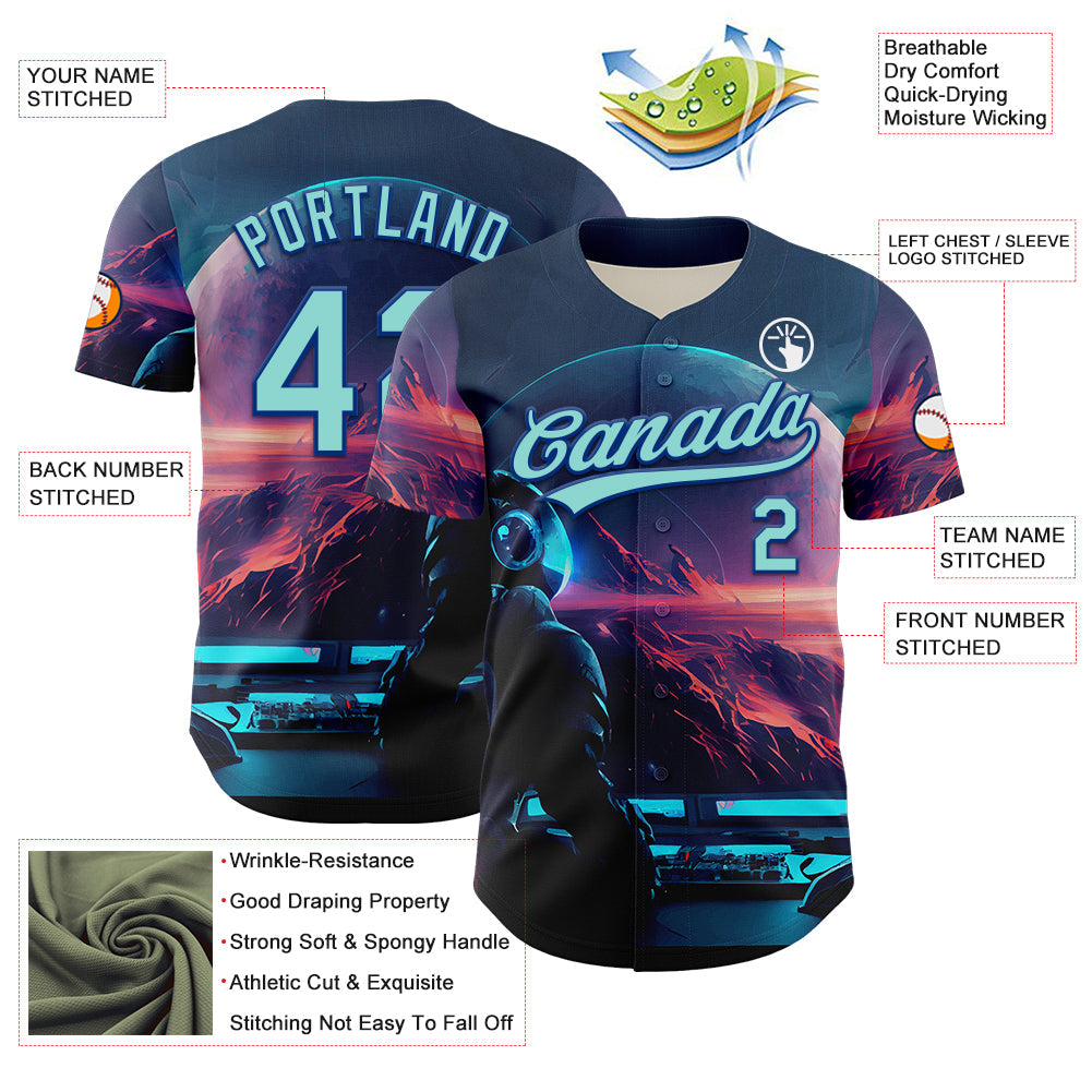 Custom Blue Ice Blue-Royal 3D Pattern Design Outer Space Starships Authentic Baseball Jersey view 3