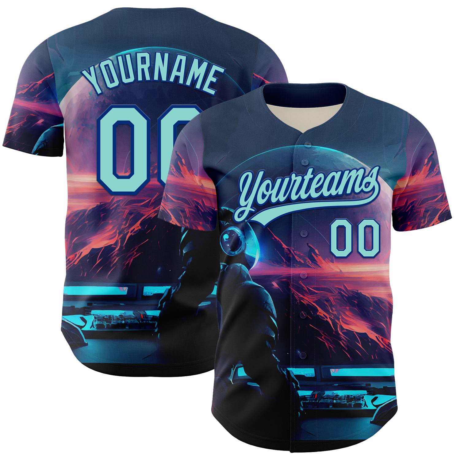 Custom Blue Ice Blue-Royal 3D Pattern Design Outer Space Starships Authentic Baseball Jersey - Main View
