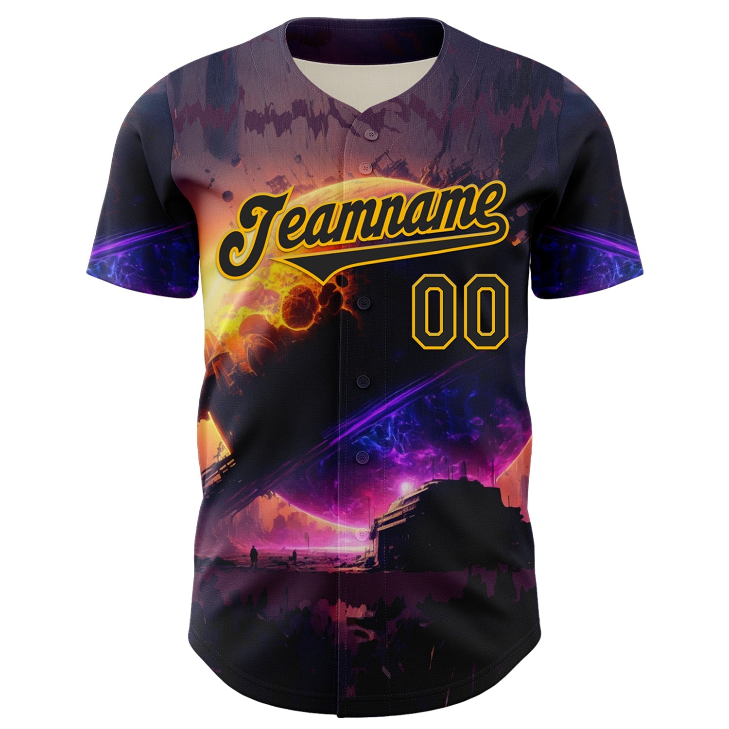 Custom Black Gold 3D Pattern Design Outer Space Solar Authentic Baseball Jersey view 2