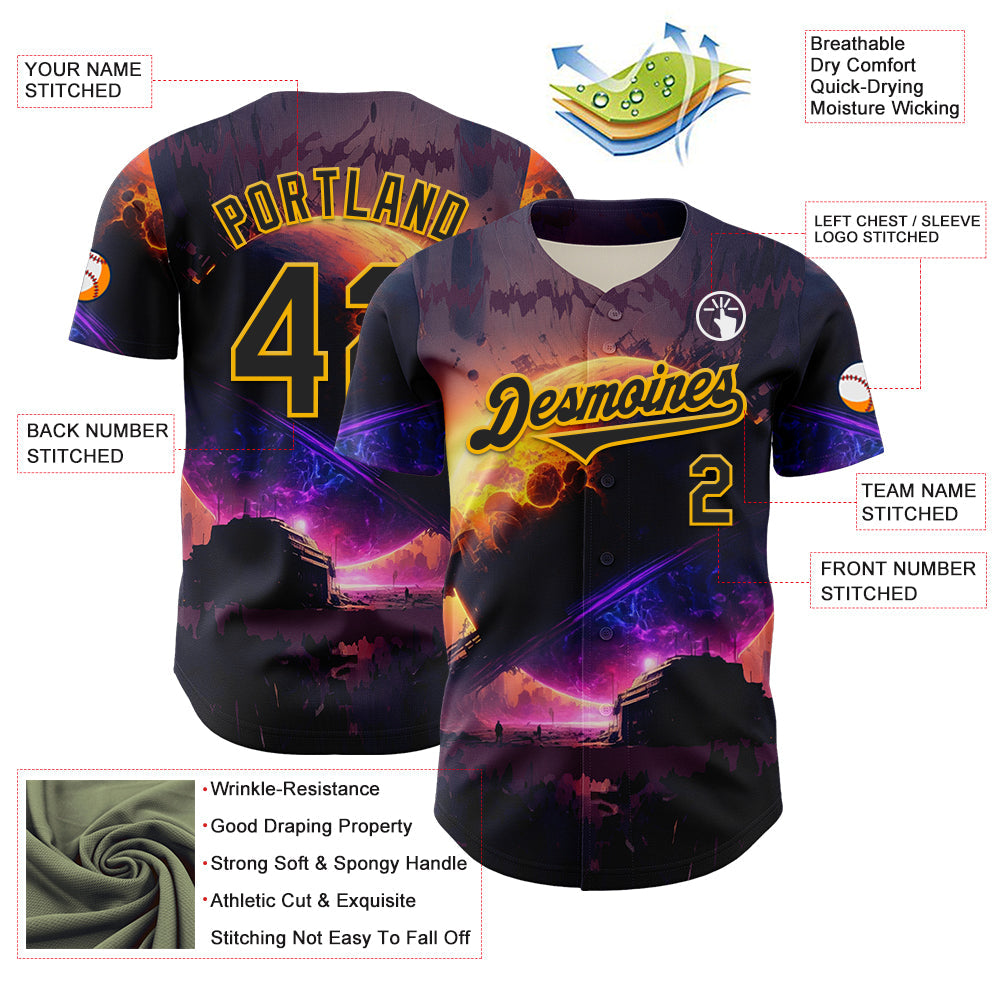 Custom Black Gold 3D Pattern Design Outer Space Solar Authentic Baseball Jersey view 3