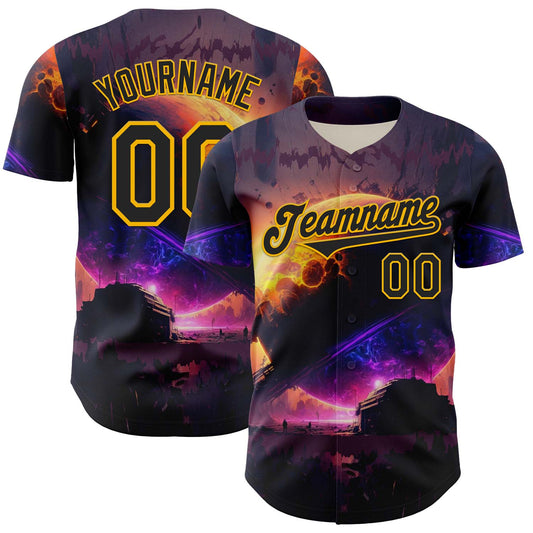 Custom Black Gold 3D Pattern Design Outer Space Solar Authentic Baseball Jersey - Main View