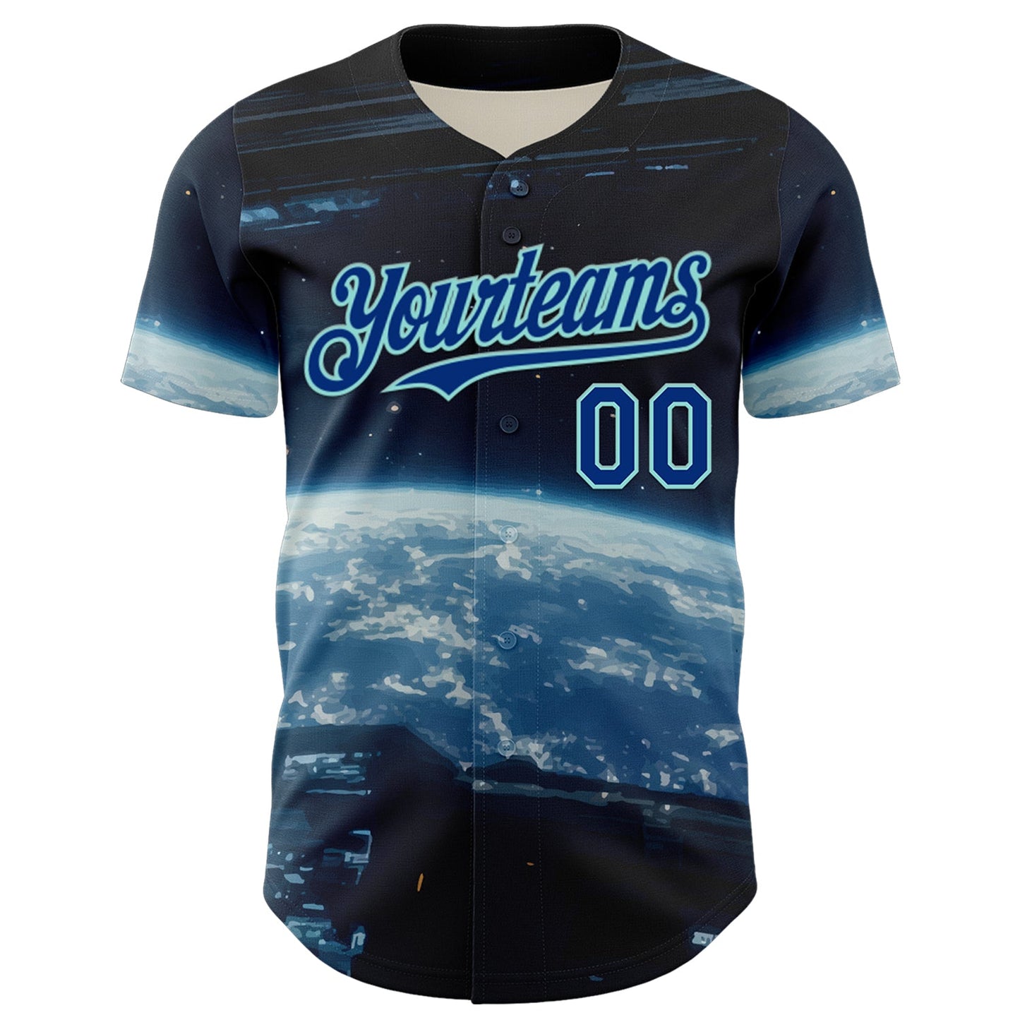 Custom Black Royal-Ice Blue 3D Pattern Design Outer Space Starships Authentic Baseball Jersey view 2