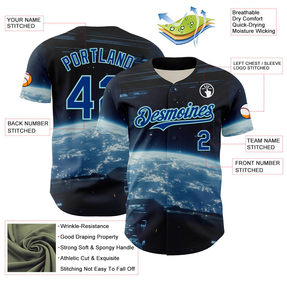 Custom Black Royal-Ice Blue 3D Pattern Design Outer Space Starships Authentic Baseball Jersey view 3